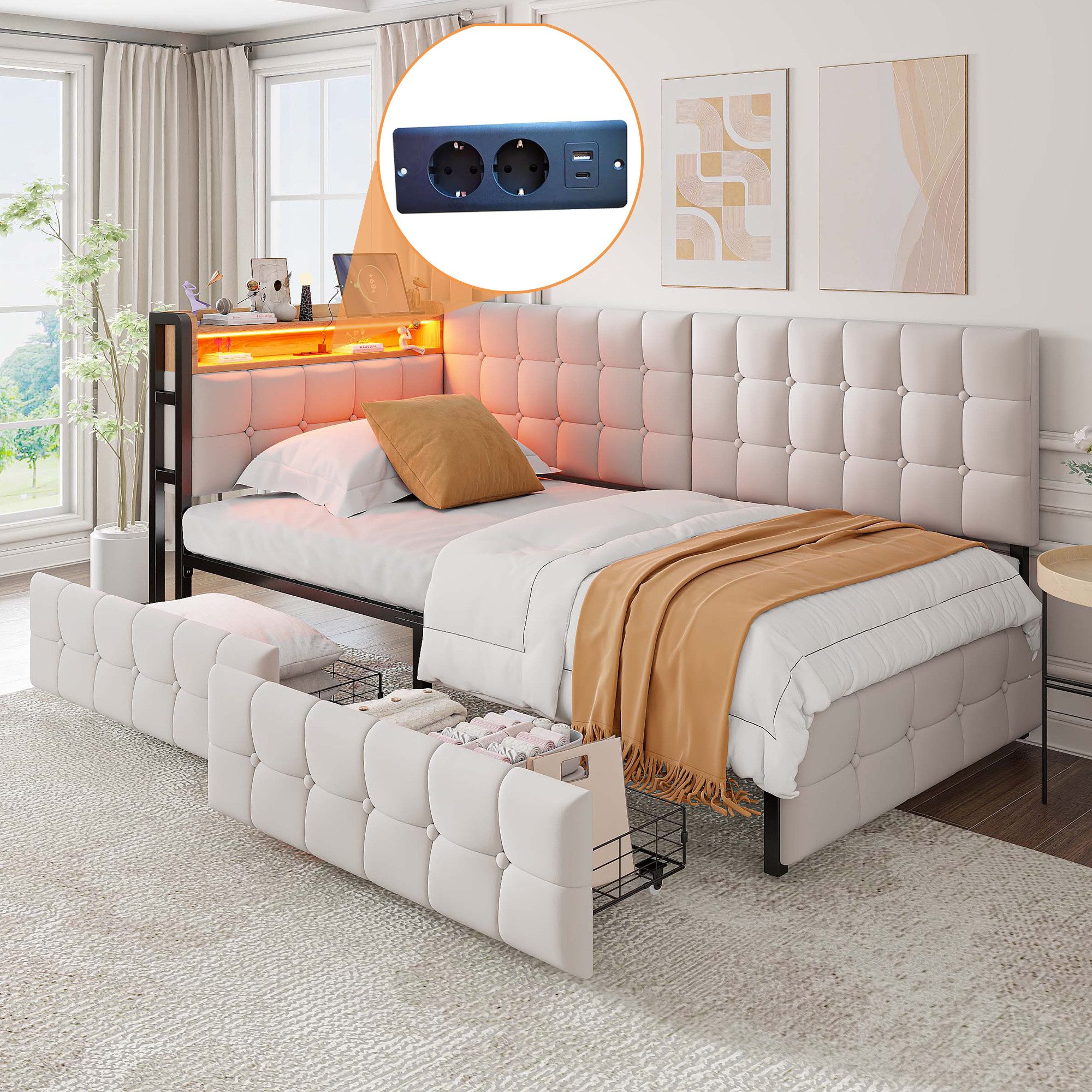 Odikalo Schlafsofa Daybett Stauraumbett Polsterbett USB Schubladen 90x200cm Grau/Beige – Bild 3 von 5