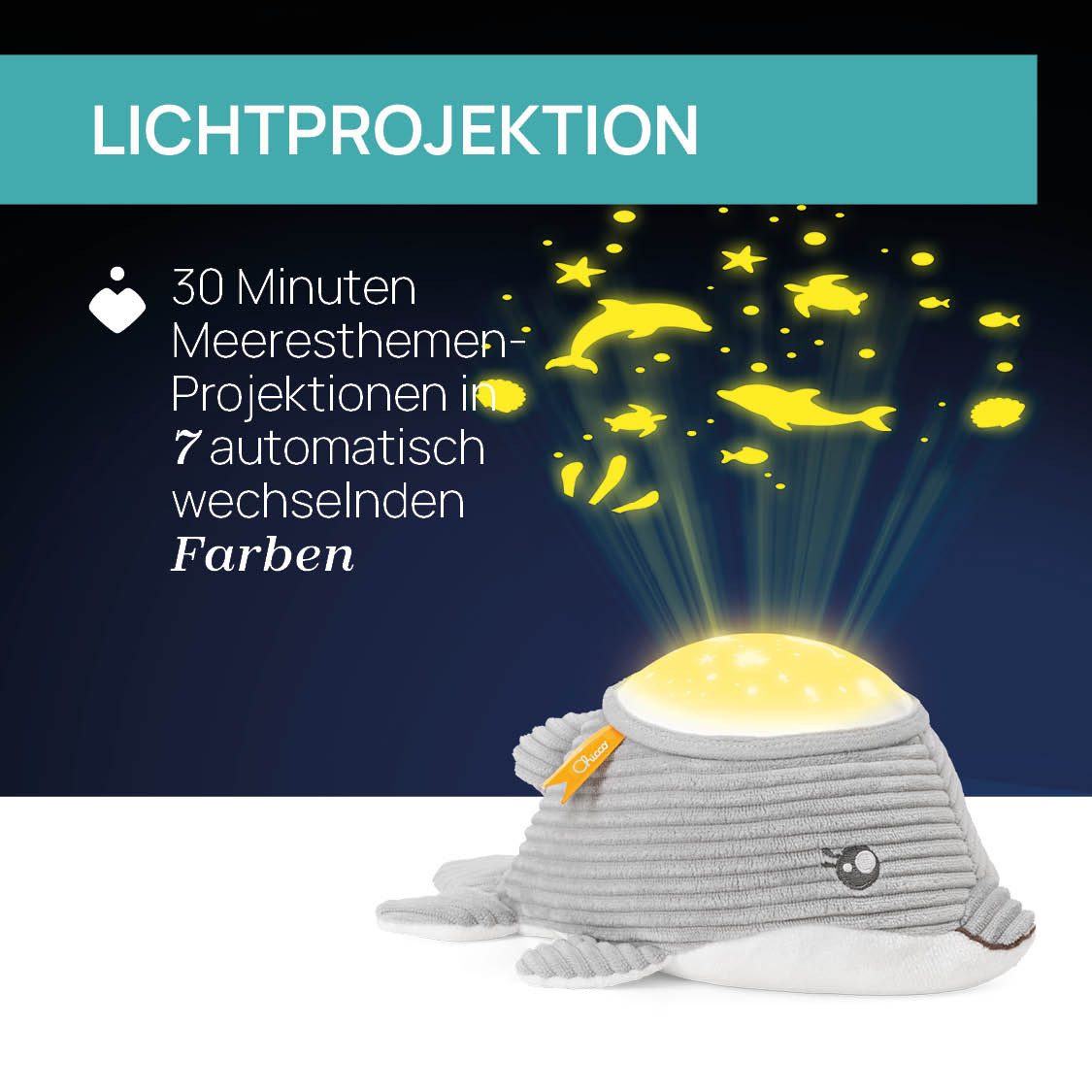 Chicco Nachtlicht Delfin NachtlichtProjektor, Deckenprojektion, Einschlafhilfe, Farbwechsel, Melodien, Nachtlichtfunktion, Farbwechsler, mit Projektor und Soundfunktion
