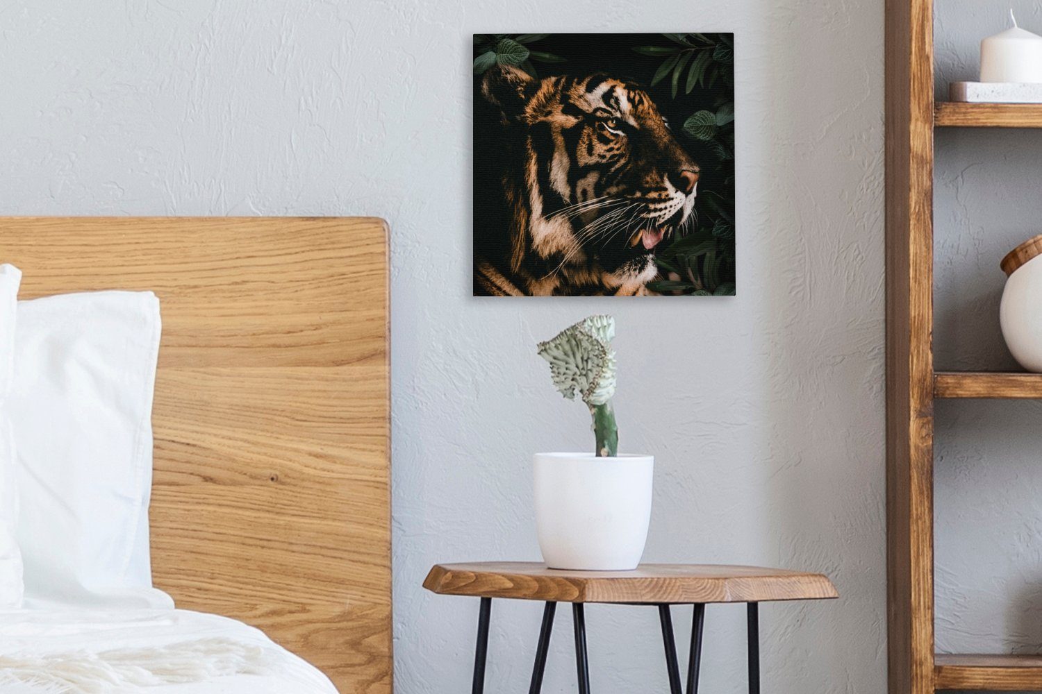 Tiger Schlafzimmer - Bilder Wohnzimmer Tier, Blätter St), OneMillionCanvasses® - Leinwandbild für (1 Leinwand