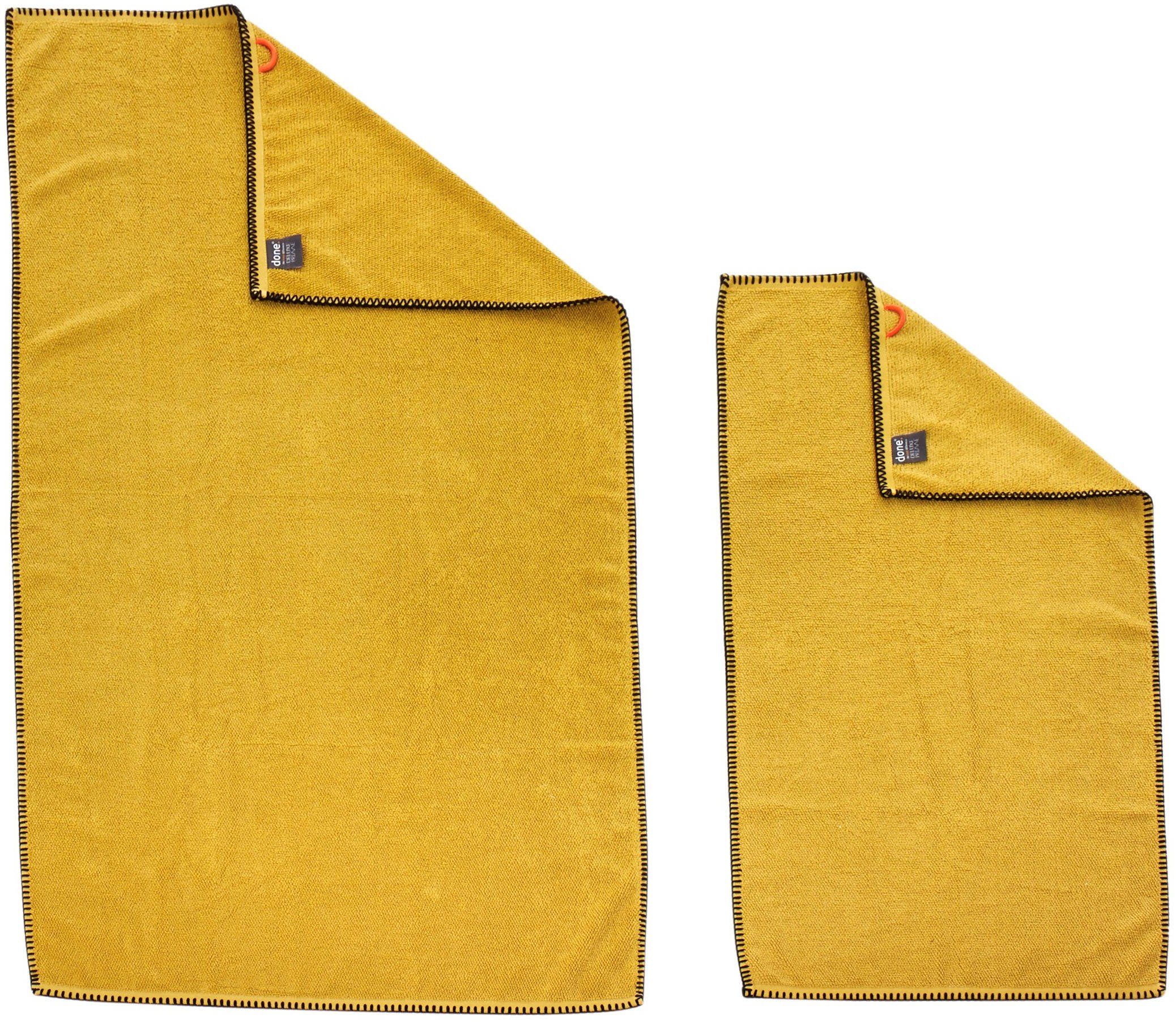 Handtücher, einfassender & 4-tlg), 2x (Set, Uni mit done.® Prime, Set Ziernaht 2 Farben, Zwirnfrottee, Badetücher Deluxe goldfarben Handtuch