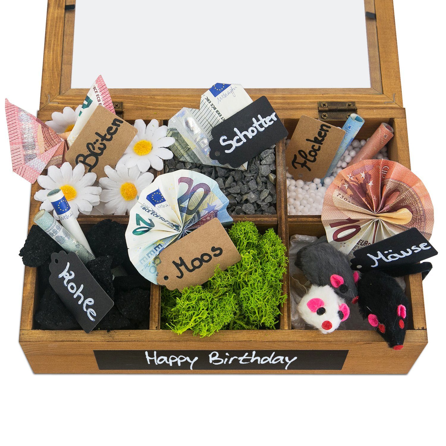 SURPRISA Geschenkbox Schotter Schatulle - kreative Verpackung für Geldgeschenke, Geschenkbox mit 6 Fächern zum Geburtstag, Abitur oder zur Hochzeit