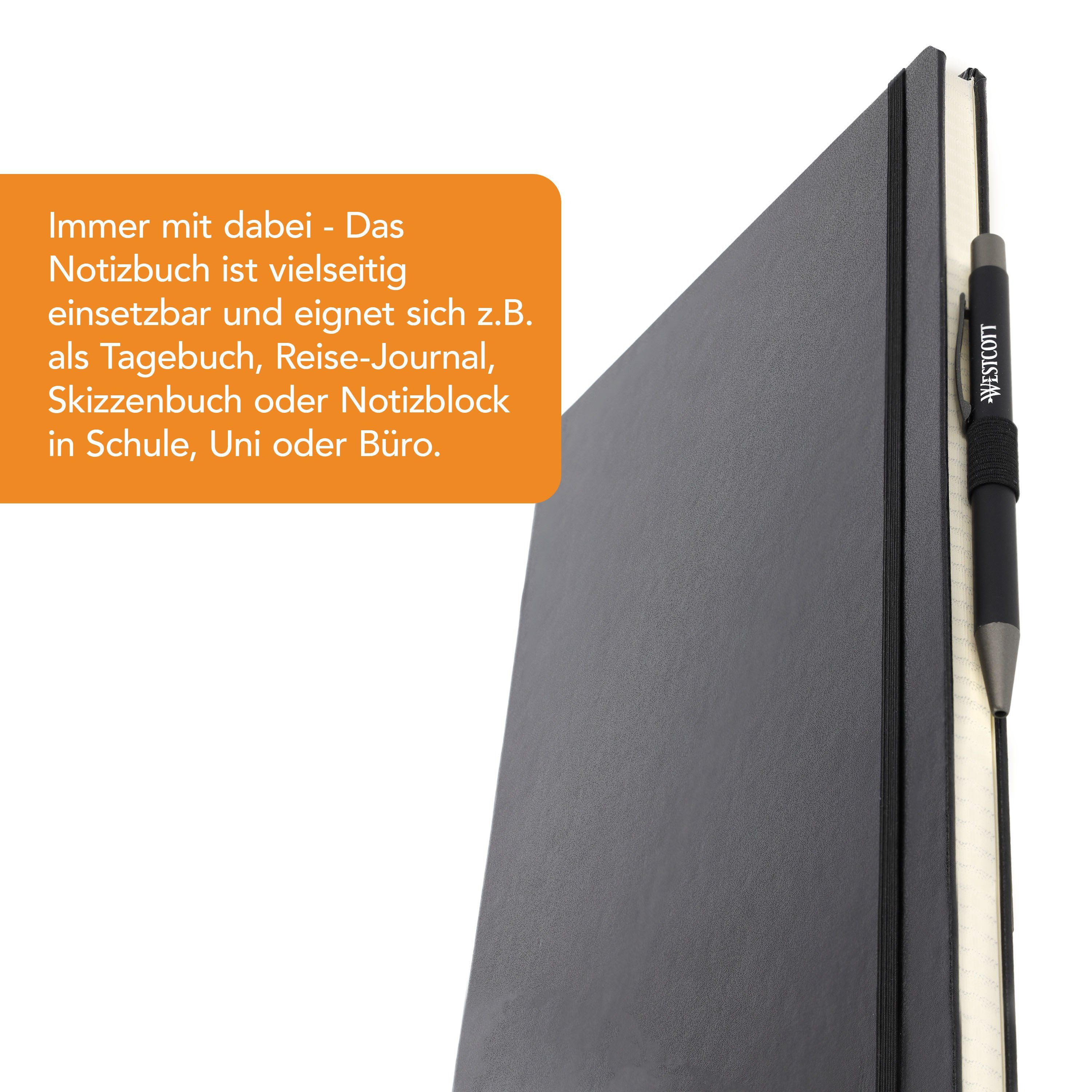 WESTCOTT Notizbuch DIN A4 kariert (2er-Set), 192 Seiten im Hardcover, 80 g/m² FSC, Innentasche, Lesezeichen, Gummizug, Stifthalter