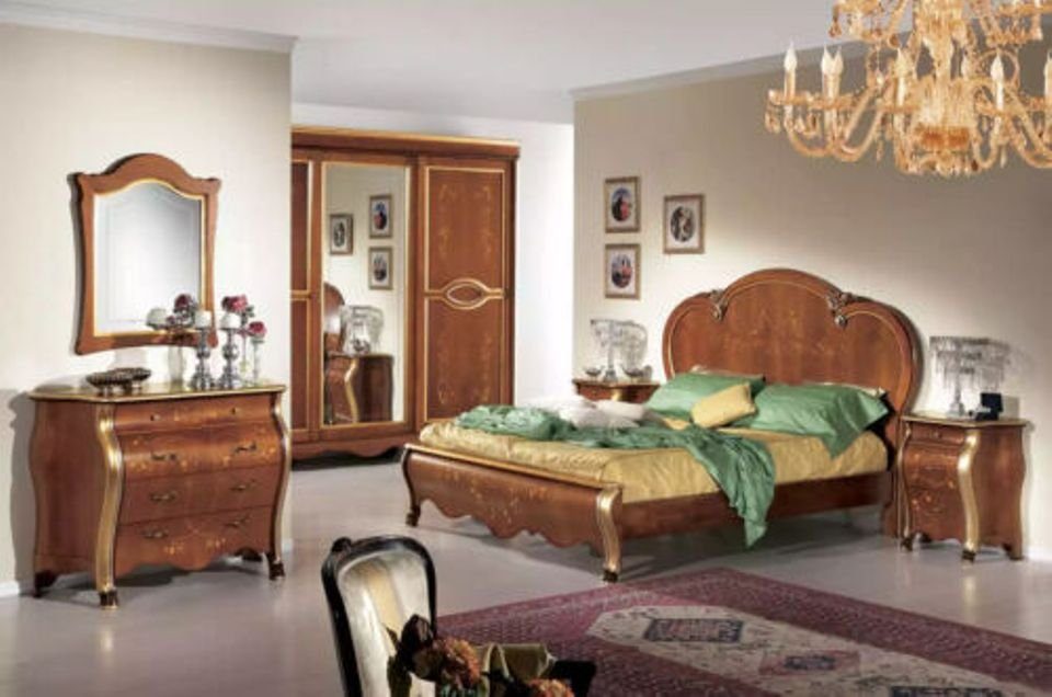 JVmoebel Schlafzimmer-Set Elegantes Schlafzimmermöbel in Holzoptik mit Nachttischen und Schrank, (6-tlg., Bett + 2x Nachttische + Kleiderschrank + Kommode + Spiegel), Made in Europa