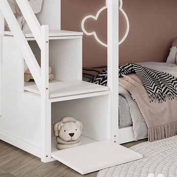 OKWISH Etagenbett Etagenbett mit Treppe, Kinderbett, Gästebett, Bett (mit Treppe, Fenster und Regalkasten, 3 Schließfächer in der Treppe, mit Fallschutzgitter), Rahmen aus massivem Kiefernholz, Ohne Matratze