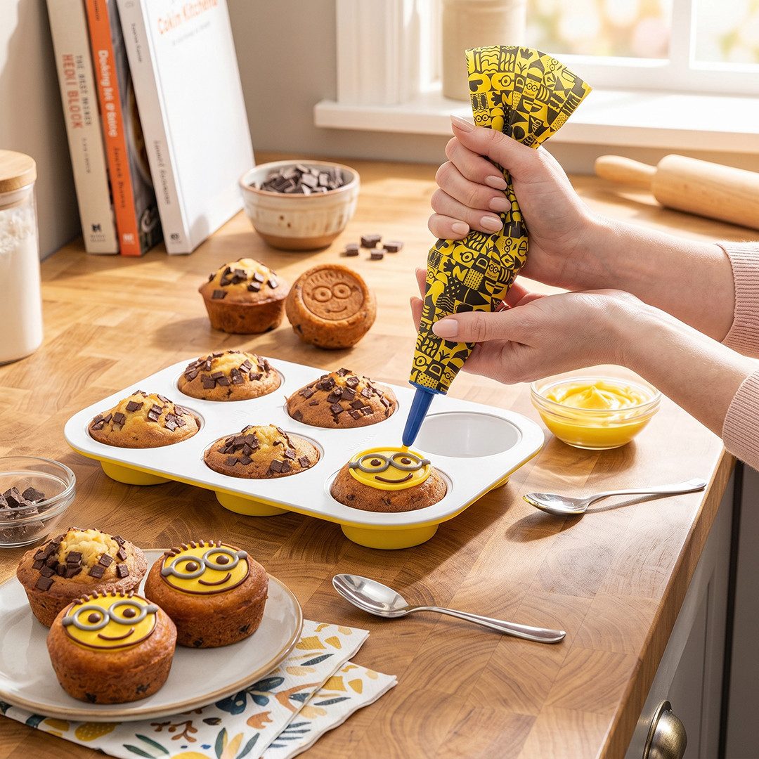 BerlingerHaus Muffinplatten Minions Muffinblech mit 6 Formen, Karbonstahl, titanPro-Antihaft, inkl. Spritzbeutel