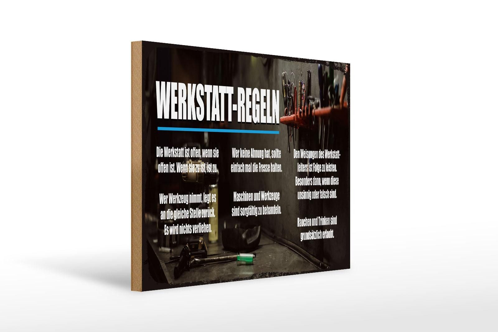 Femer GmbH Holzbild Spruch 30x40 cm Werkstatt Regeln offen wenn offen, (1 St), Glatte Holzfaserplatte (MDF), vorn beschichtet