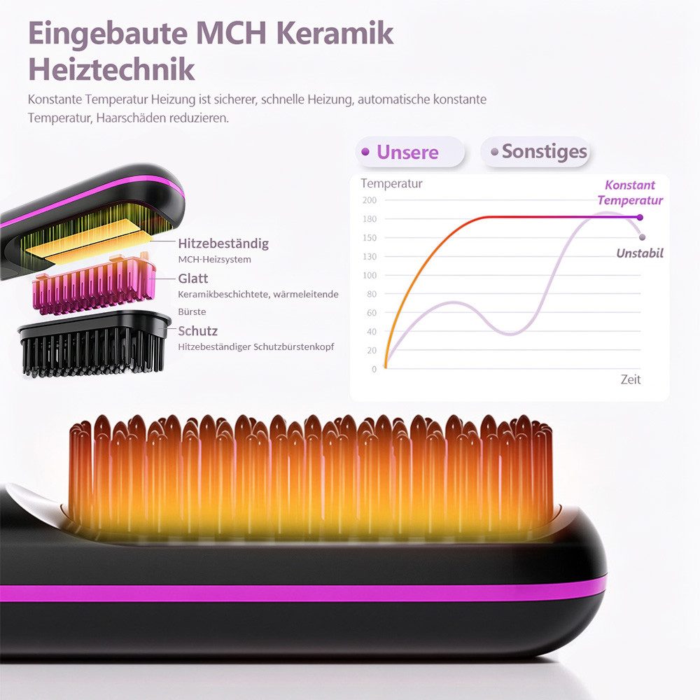 Fine Life Pro Haarglättbürste kabelloser Haarglätter, Stylingbürste, 3 Temperaturstufen, 3 Temperaturstufen, Negativ-Ionen-Technologie, glänzende Haare