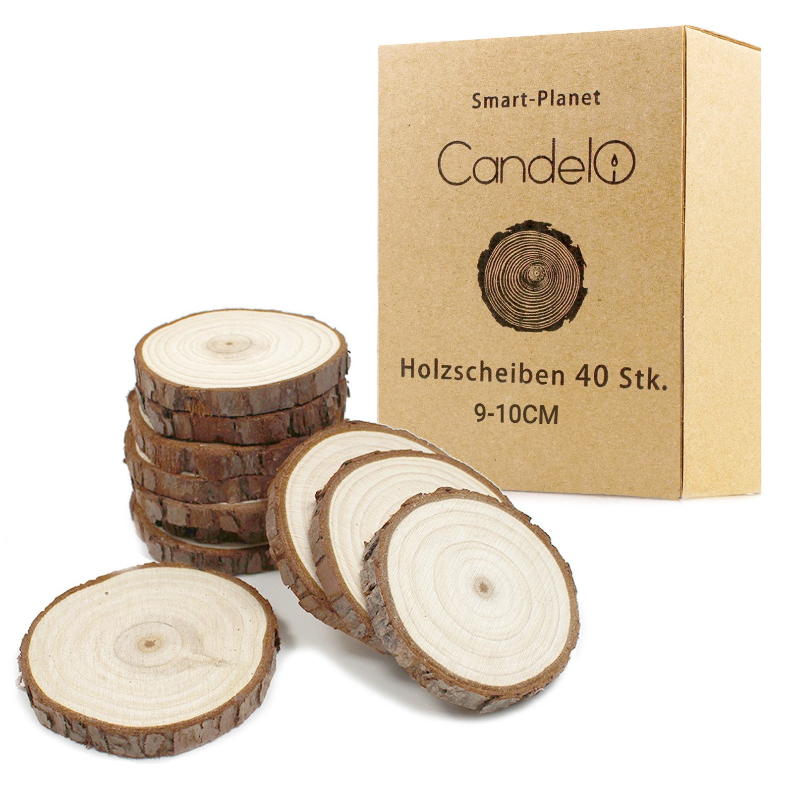 Candelo Kantholz 40 Holzscheiben - Rund 9 - 10 cm Durchmesser ohne Loch aus Naturholz, (Set 40-tlg), - glatte Untersetzer zum Basteln - Holz Log Deko