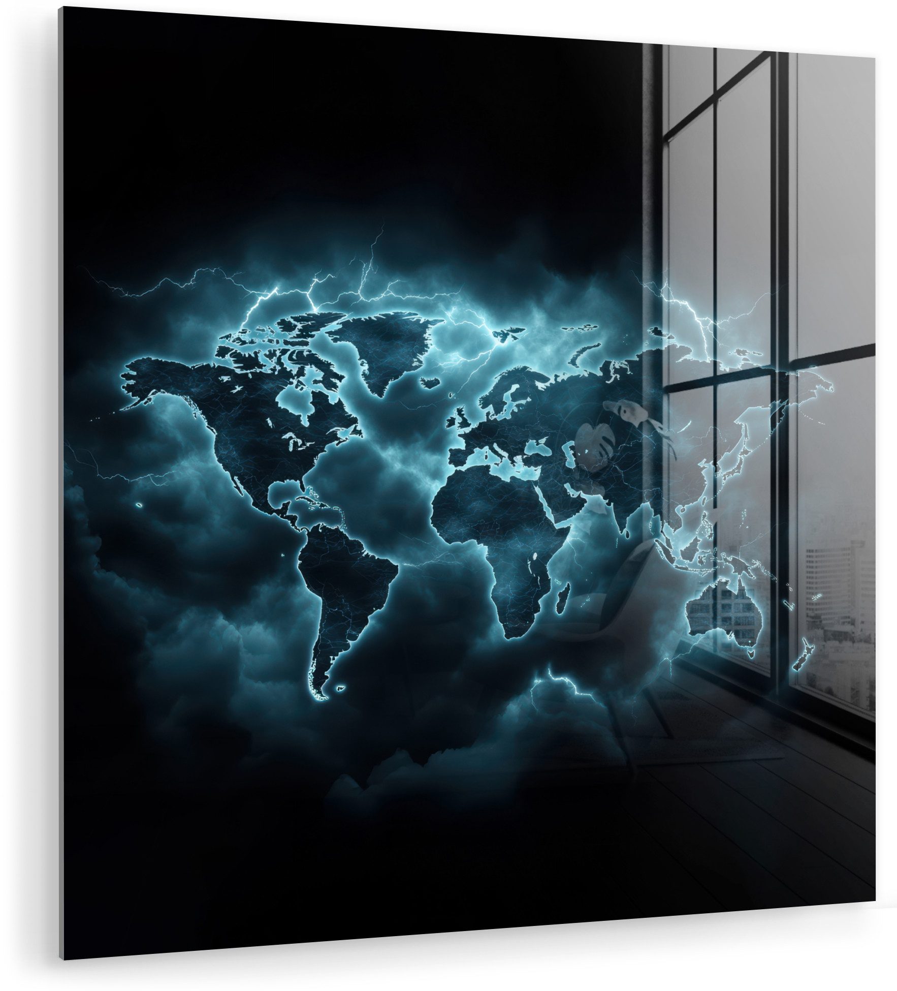 Weltkarte - Blitze - Blau