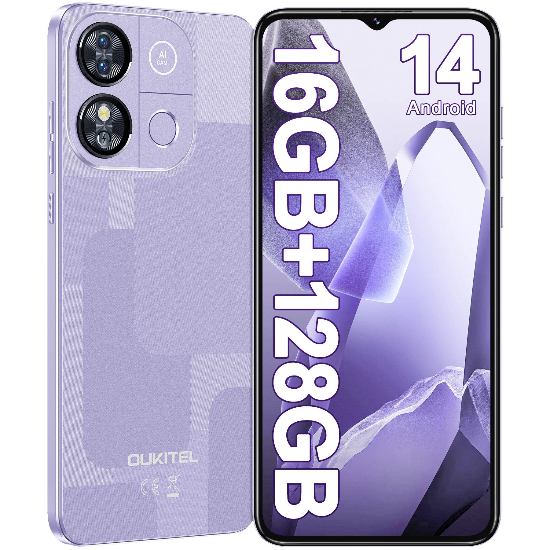 OUKITEL C57 Pro Android 14 Smartphone (16,52 cm/6.52 Zoll, 128 GB Speicherplatz, 13 MP Kamera, 4300mAh, 16GB RAM 128GB ROM, GPS, Face Unlock, 4G Dual SIM)