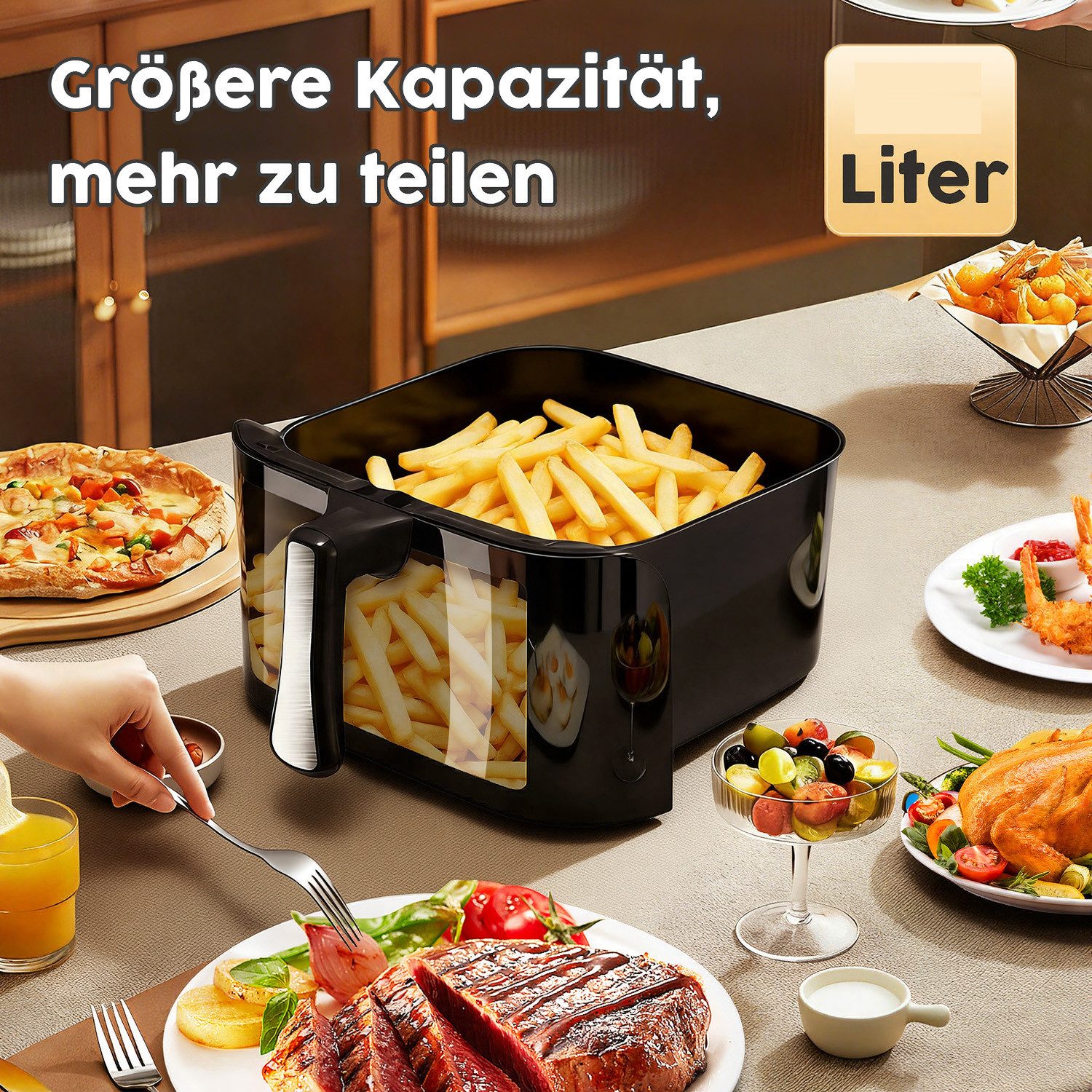 oyajia Heißluftfritteuse XXL Airfryer 10L mit LED-Farbdisplay & Sichtfenster, 6 Programme, LED-Touchscreen in Farbe, einfacher Reinigung, 2000 W, Heißluftfritti – Bild 2 von 5