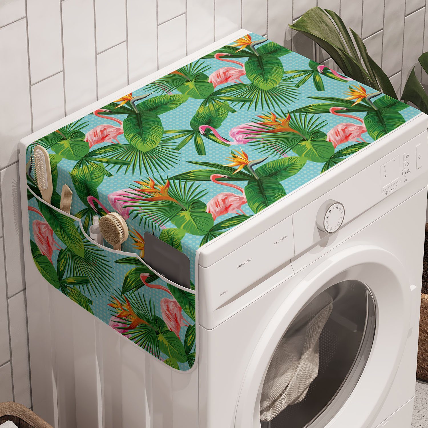 Abakuhaus Badorganizer Anti-Rutsch-Stoffabdeckung für Waschmaschine und Trockner, Tropical Dots Flamingos und Blätter