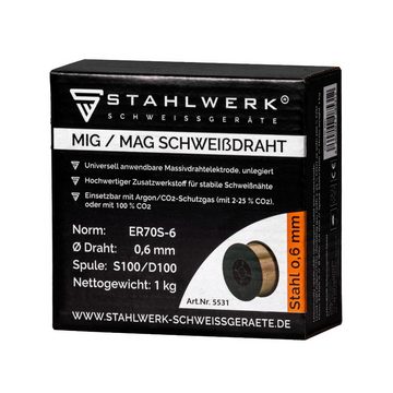 STAHLWERK Schweißdraht 3 x 0,6 mm MIG MAG ER70S-6 SG2 D100 Drahtrolle 1kg, Stahl, für Schweißgeräte mit 16 mm Spulendorn-Aufnahme