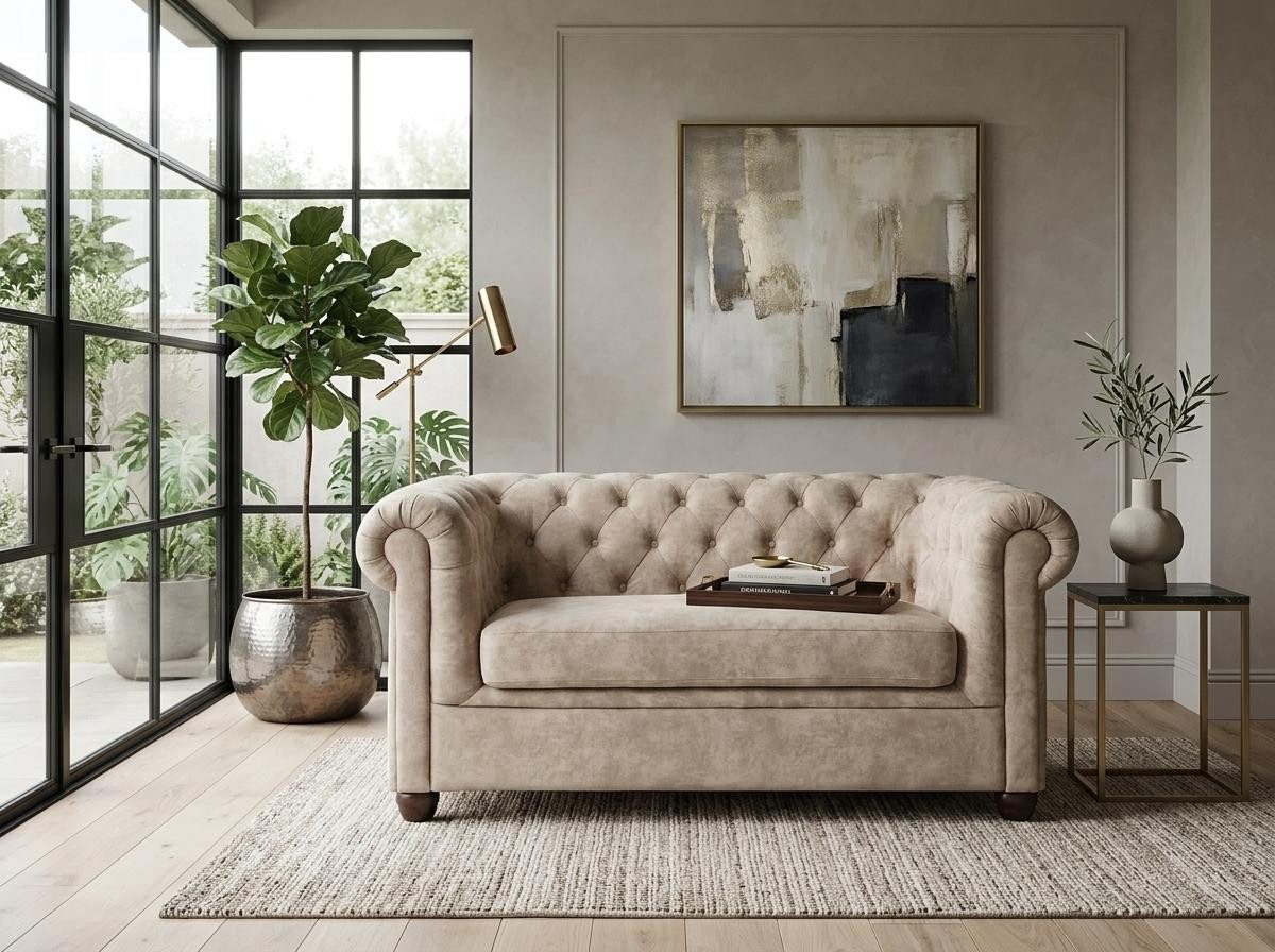 JVmoebel Chesterfield-Sessel Beiges 2,5-Sitzer Chesterfield Sofa aus Stoff klassisch gesteppt (1-St), Made in Europa
