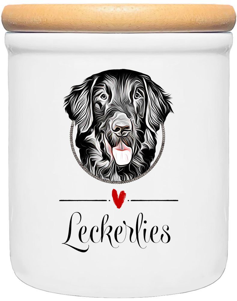 Cadouri Vorratsdose FLAT COATED RETRIEVER - Leckerlidose Hund - für Hundekekse, Keramik, (Keramikdose mit Holzdeckel, 2-tlg., 1x Keramikdose mit Holzdeckel), Hundekeksdose, handgefertigt in Deutschland, für Hundebesitzer, 400 ml