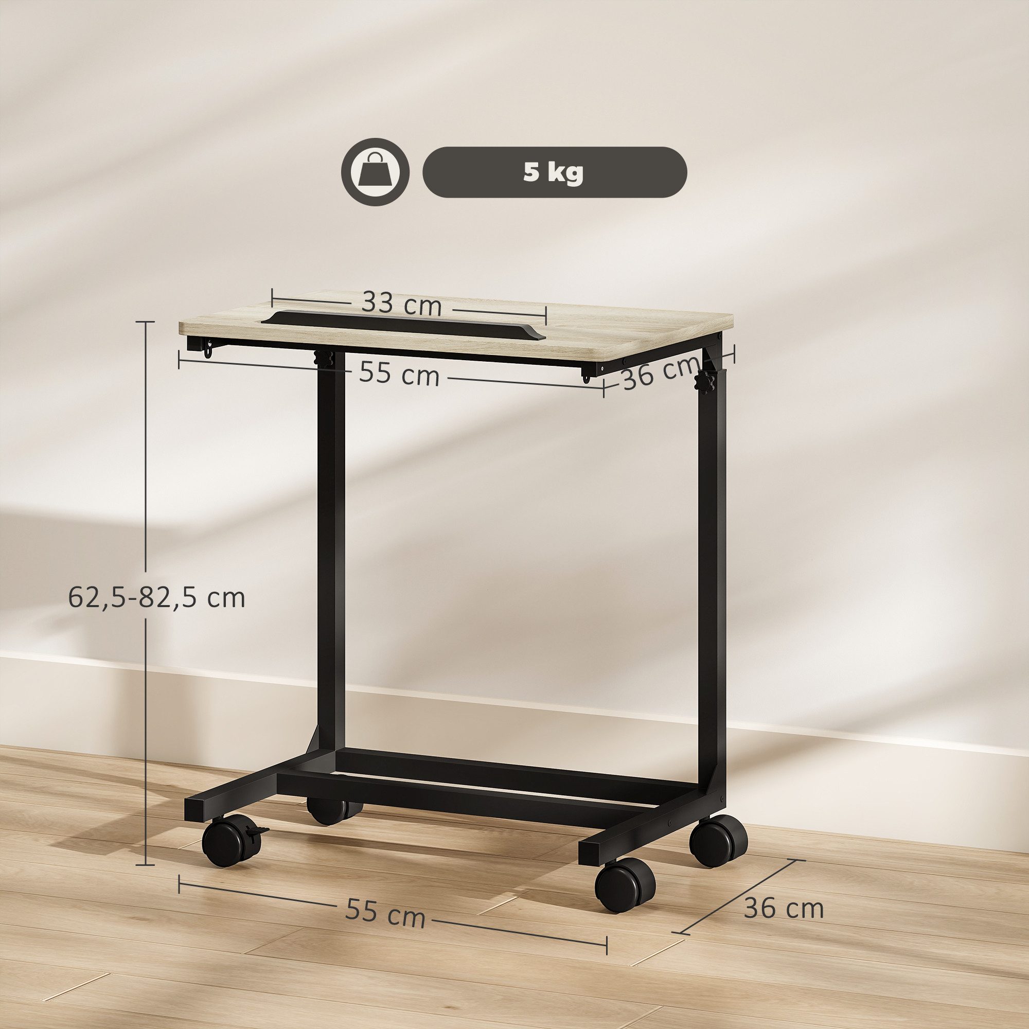 HOMCOM Beistelltisch C-förmiger Sofatisch (höhenverstellbarer Überbetttisch mit neigbarer Tischplatte, 1-St., mobiler Laptop-Schreibtisch für Wohnzimmer, Lernzimmer), 55 x 36 x 62,5-82,5 cm, Eiche