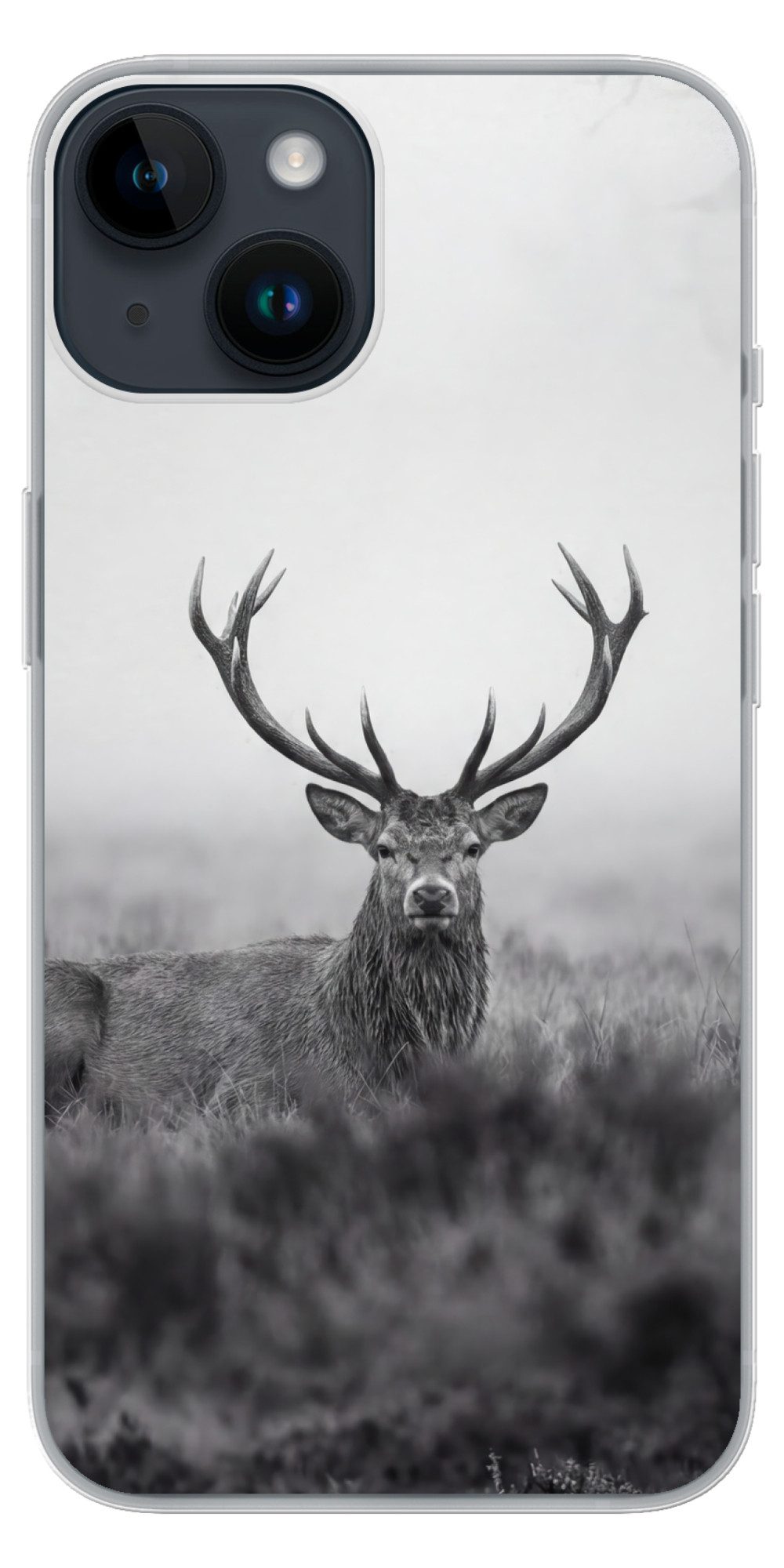 MuchoWow Handyhülle für Apple iPhone 14 Hirsch - Neblig - Schwarz - Weiß, Smartphone-Bumper, Print, Handy Schutzhülle Dünn