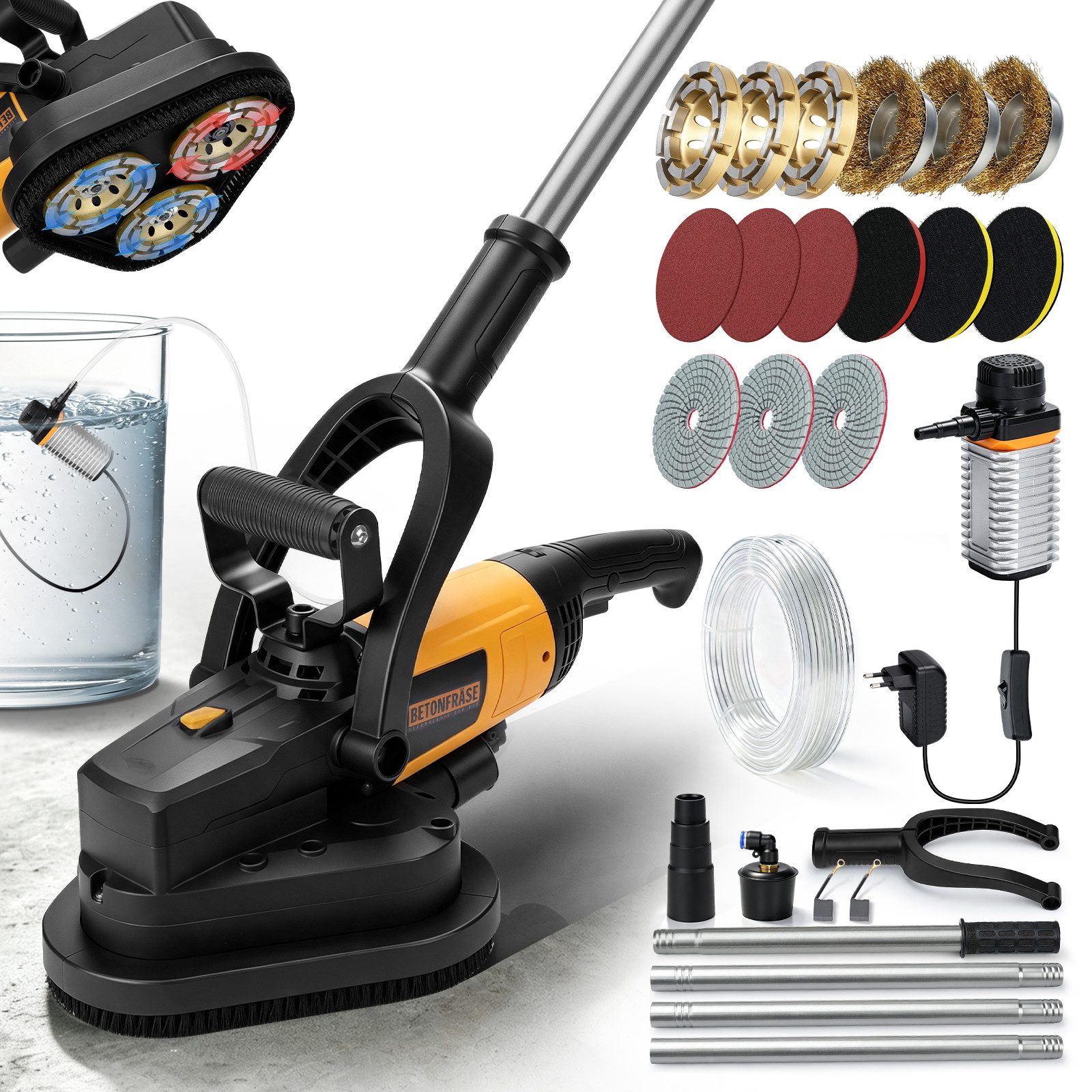 XIIW Nass-Trockenschleifer Betonschleifer 3800W, 3-Scheiben, Winkelschleifer Betonfräse Putzfräse, max. 3000 U/min, (Set, Nass & Trocken, 105mm, 6 Stufen, 2M Langgriff), für Flächen, Kanten und verschiedene Materialien