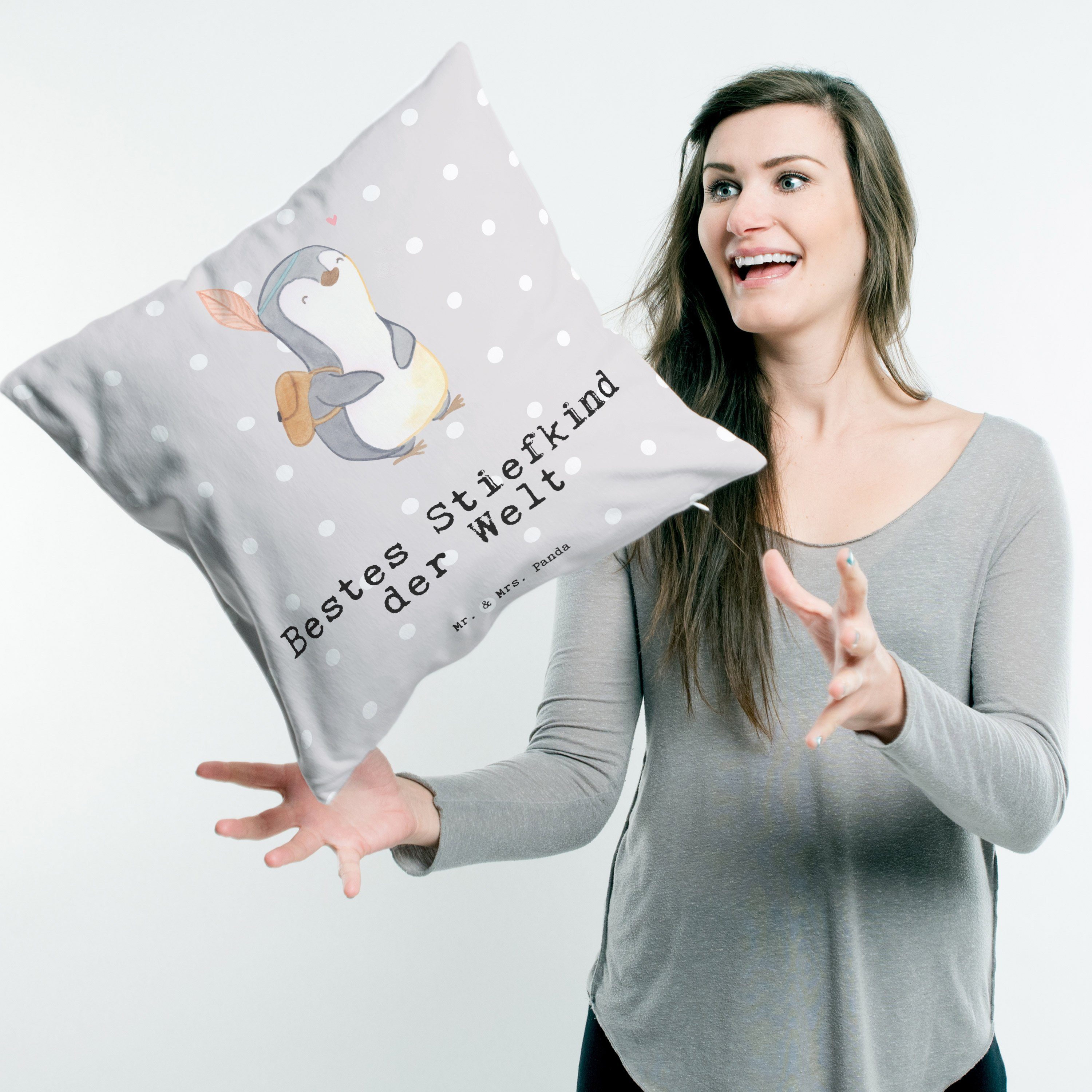 Grau - Dekokissen Mr. Pastell & Mrs. Bestes Pinguin Stiefkind der Panda - Welt Geschenk, Geburtst