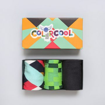 Colorcool Freizeitsocken (3 Paar) Retro gemusterte Socken Geometrisch Ultramarin Minecraft
