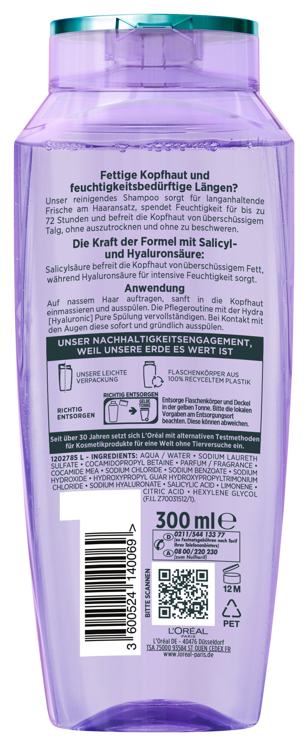 L'ORÉAL PARIS Haarshampoo L'Oréal Paris Elvital Hydra [Hyaluronic] Pure Shampoo, Packung, 6-tlg., Reinigt fettige Kopfhaut, spendet bis zu 72h Feuchtigkeit für Längen.