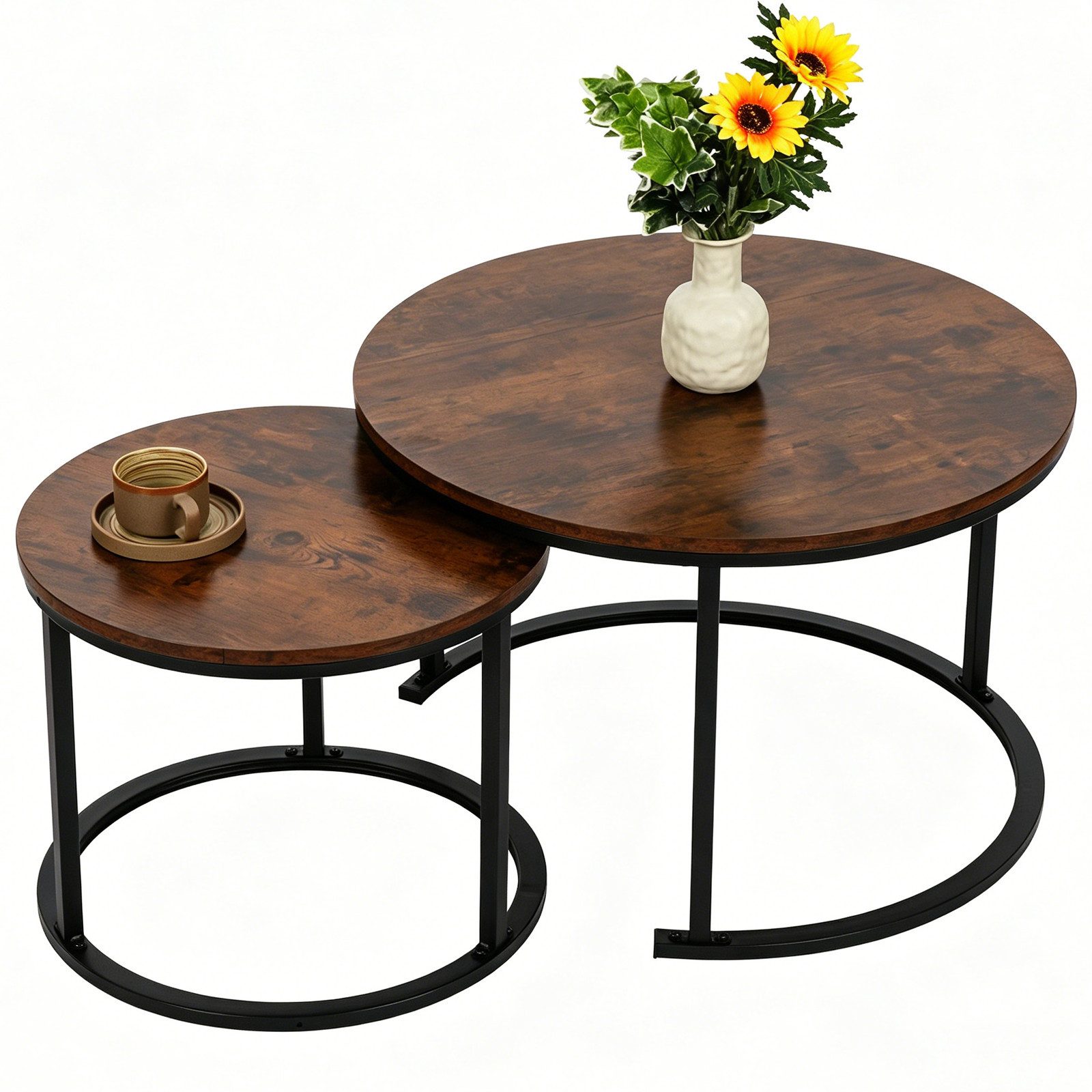 BIGTREE Couchtisch 2er set beistelltisch rund, stapelbar, Holz & Metall für Wohnzimmer (2er-Set), 70x70x45 cm und 50x50x40 cm