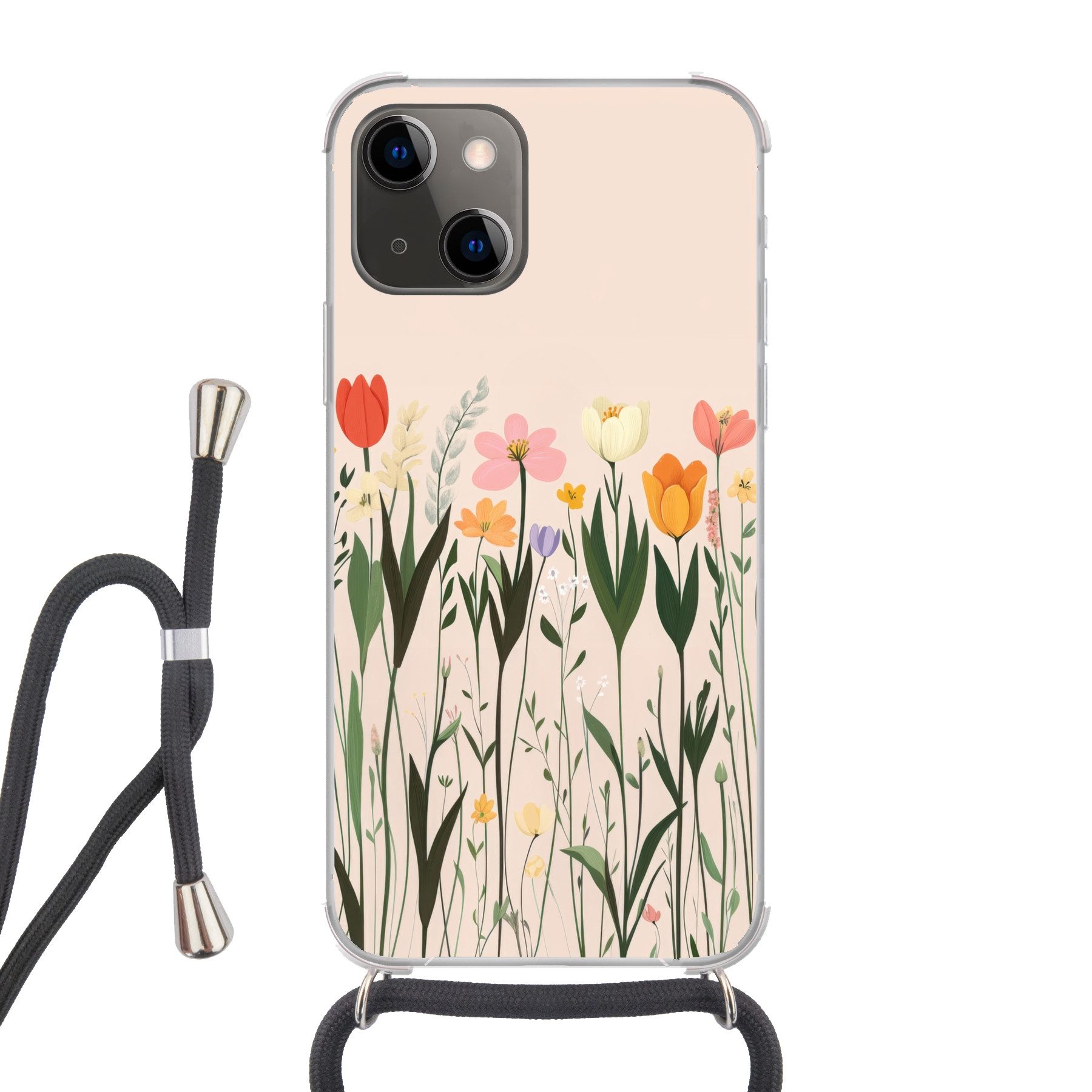MuchoWow Handyhülle für Apple iPhone 13 Mini Pastelltöne - Blumen - Illustration, Tragbare Handyhüllen mit Kette zum umhängen, Handykette Handyband