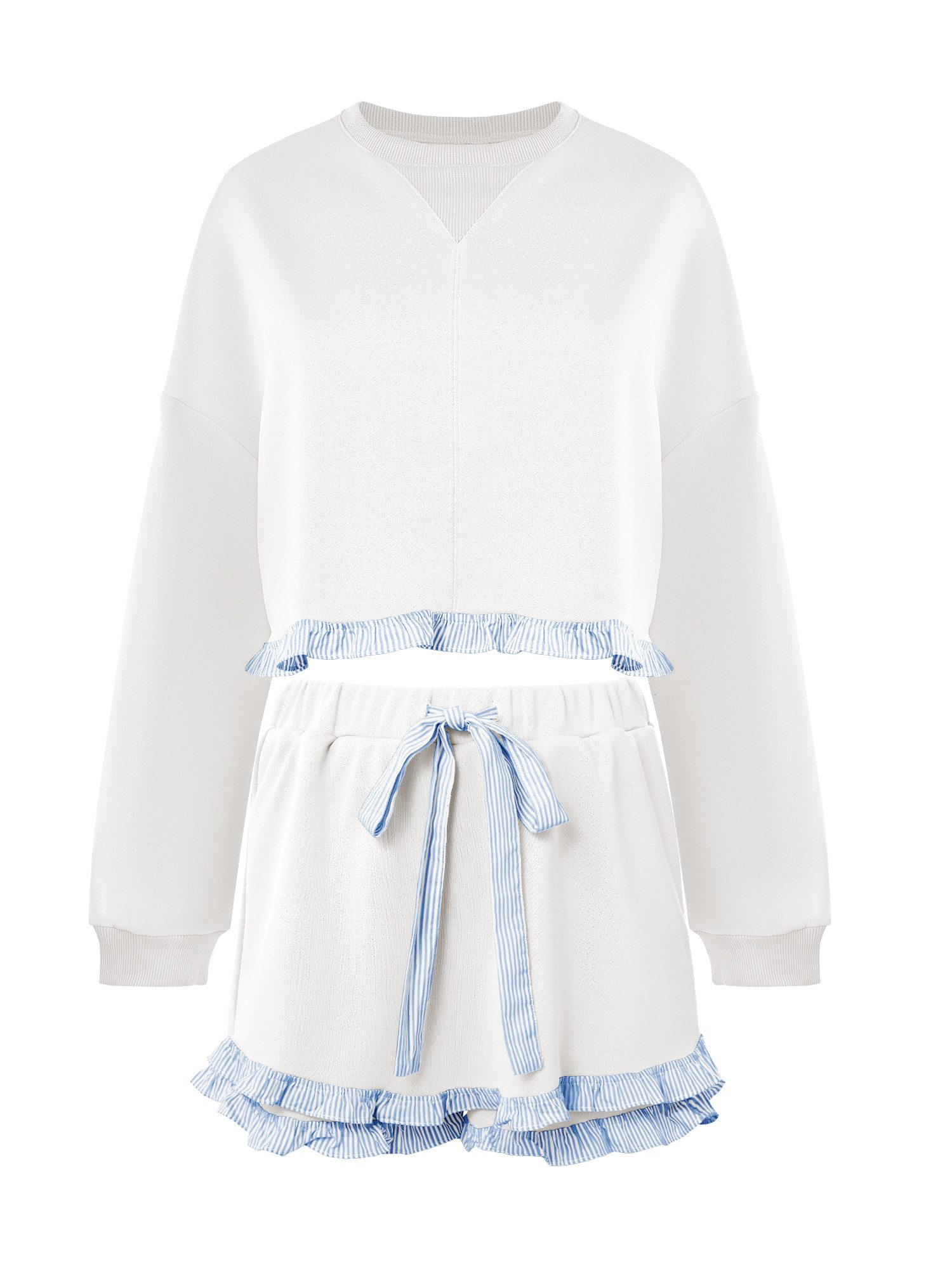 Imily Bela Freizeitanzug Damen 2-teilige Lässige Freizeitset (Set, 2-tlg., Sweatshirt+Shorts), Rüschen Besatzung