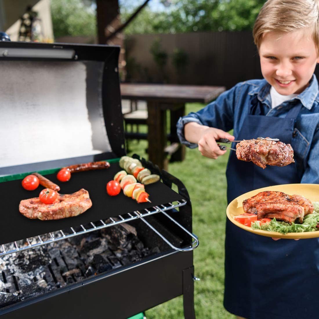EXTSUD Grillplatte BBQ Set, grill zubehör, grillmatte für gasgrill (5er Set Antihaft Grillmatten Teflon BBQ Grill 40x33cm Grillplatte Gasgrill, 5-St), Wiederverwendbare BBQ Grillmatten Backmatte
