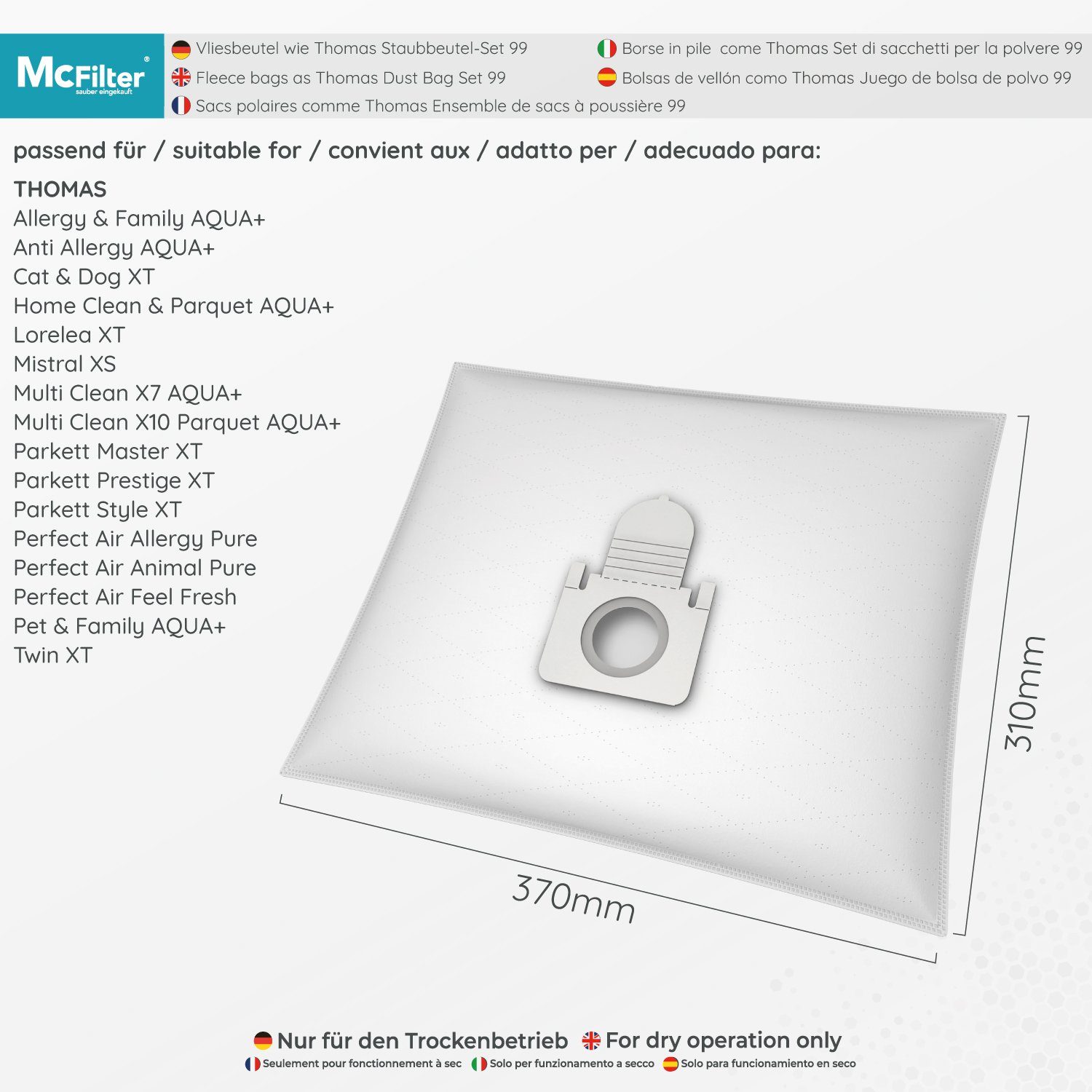 McFilter Staubsaugerbeutel 20 Stück, passend für Thomas Staubsauger Pet & Family AQUA+, Perfect Air, Parkett XT, Allergy & Family AQUA+, Anti Allergy AQUA+, Cat & Dog XT, Home Clean & Parquet AQUA+, 20 St., Reißfest, mit Hygieneverschluss