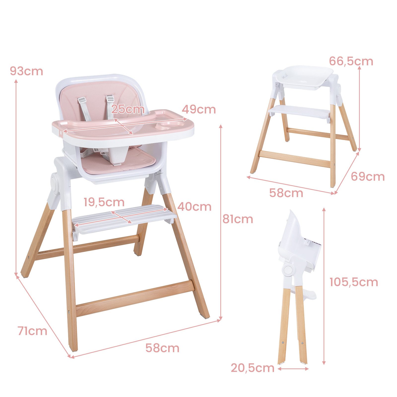 COSTWAY Hochstuhl, Kinderhochstuhl, Babystuhl klappbar, mit Fußstütze
