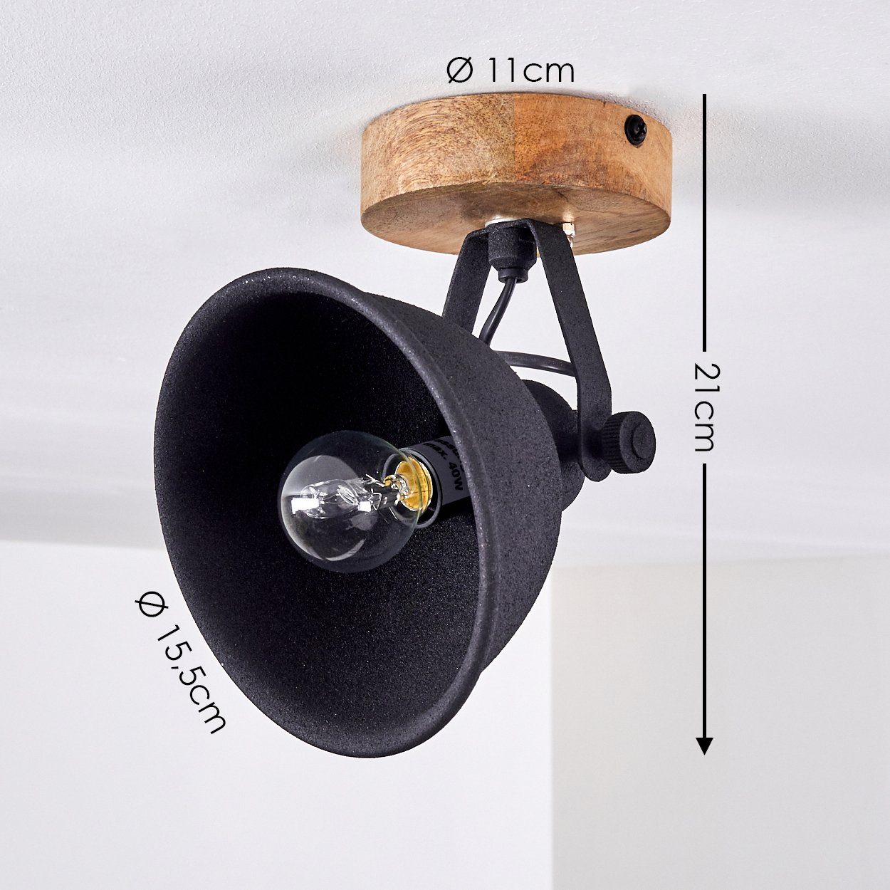 verstellbare E14 beliebig Industrial schwarz-matt/braun, Fassung, Deckenleuchte hofstein ohne dreh-/schwenkbar, Holz/Metall, »Zurin« 1-flammig Leuchtmittel, 1x Wandlampe,