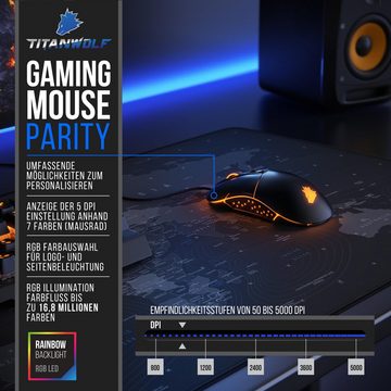 Titanwolf Gaming-Maus (Mouse für Rechts & Linkshänder, Pixart 3310 Sensor, 5000 dpi, RGB)