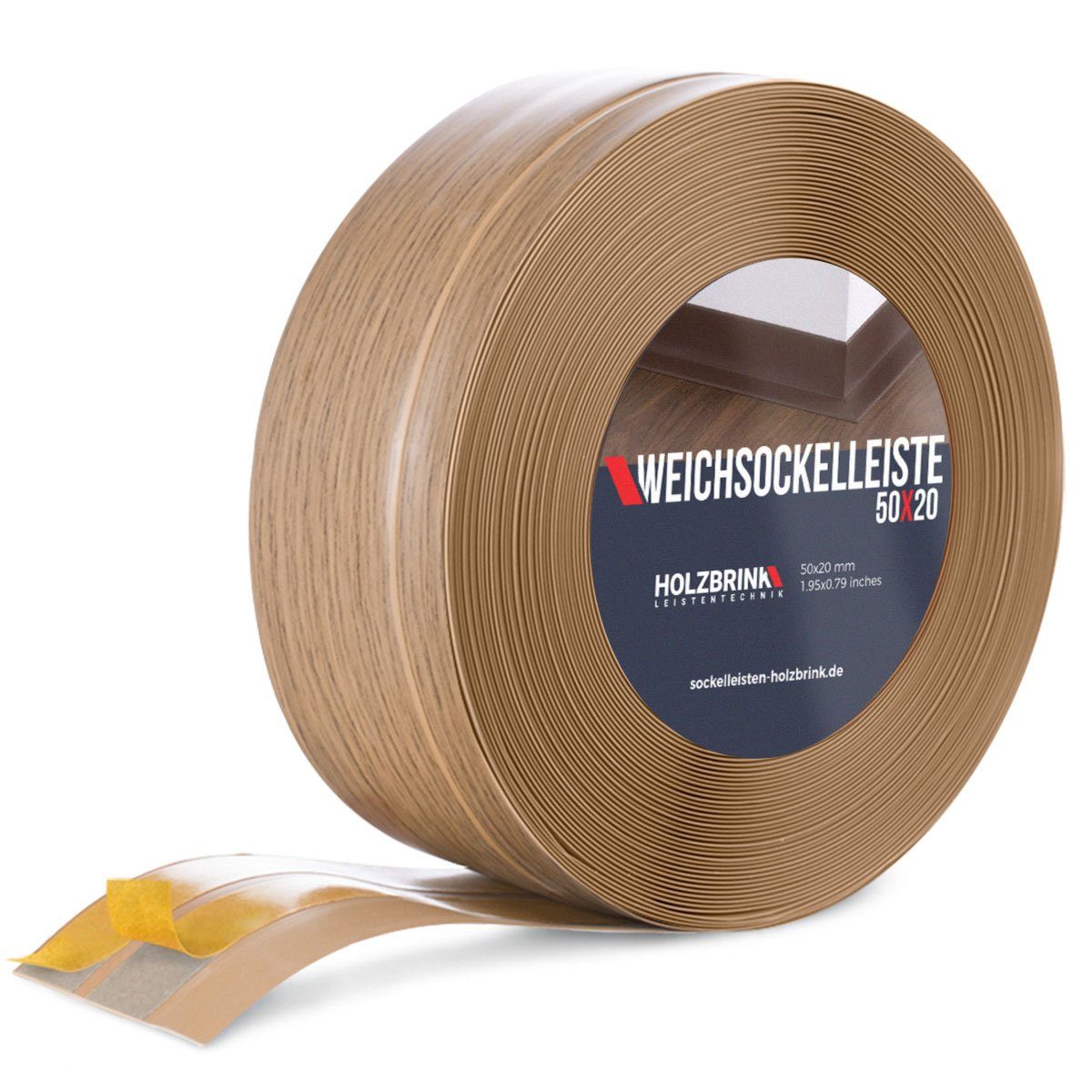 HOLZBRINK Sockelleiste PVC Weichsockelleiste selbstklebend 50x20mm Eiche Hell, L: 500 cm, 5m Rolle, Küchenabschlussleiste Arbeitsplatte, Fensterleiste, Fensterabdichtung