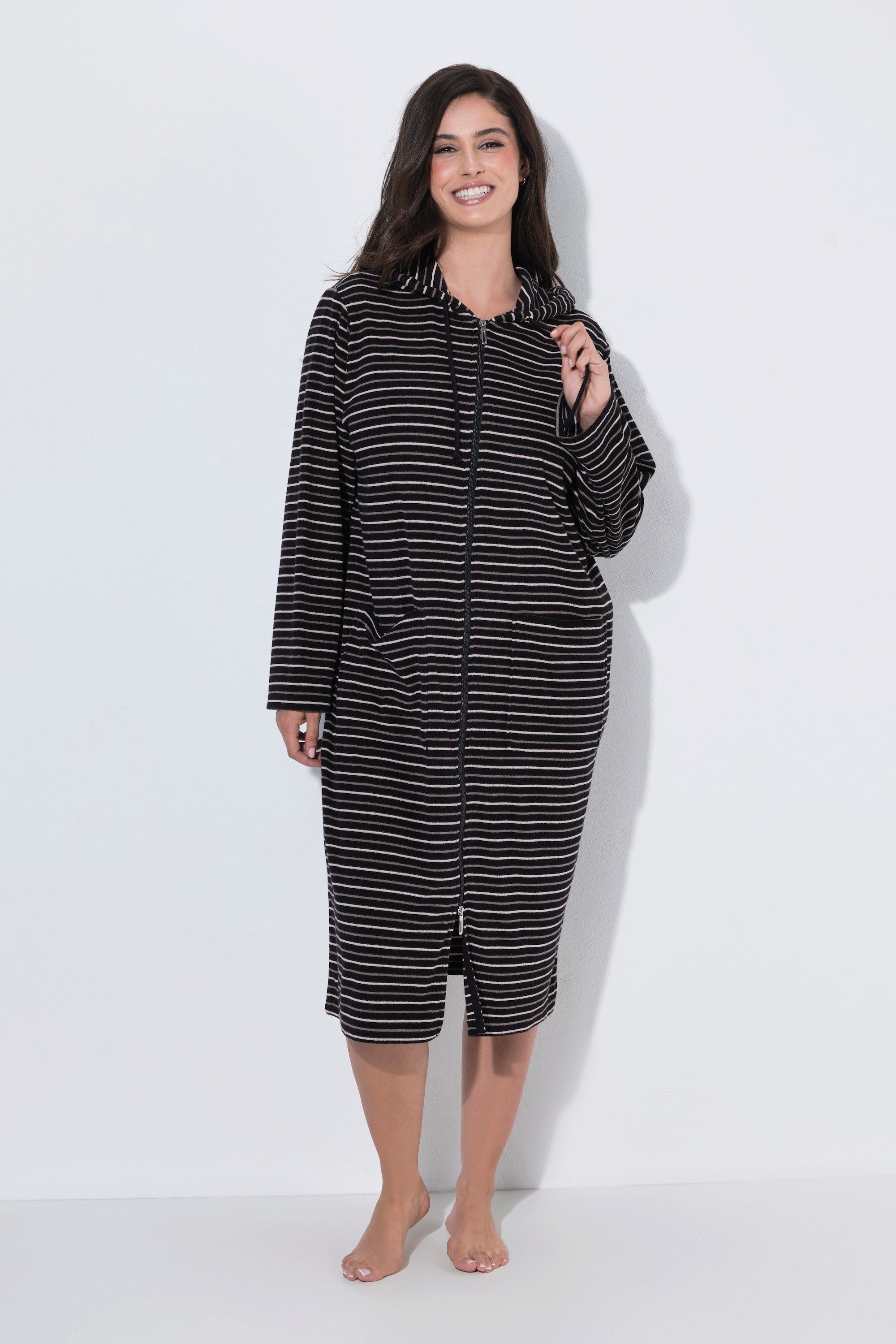 Ulla Popken Bademantel Bademantel Frottee Streifen 2-Wege-Zipper, lang, Materialmix
