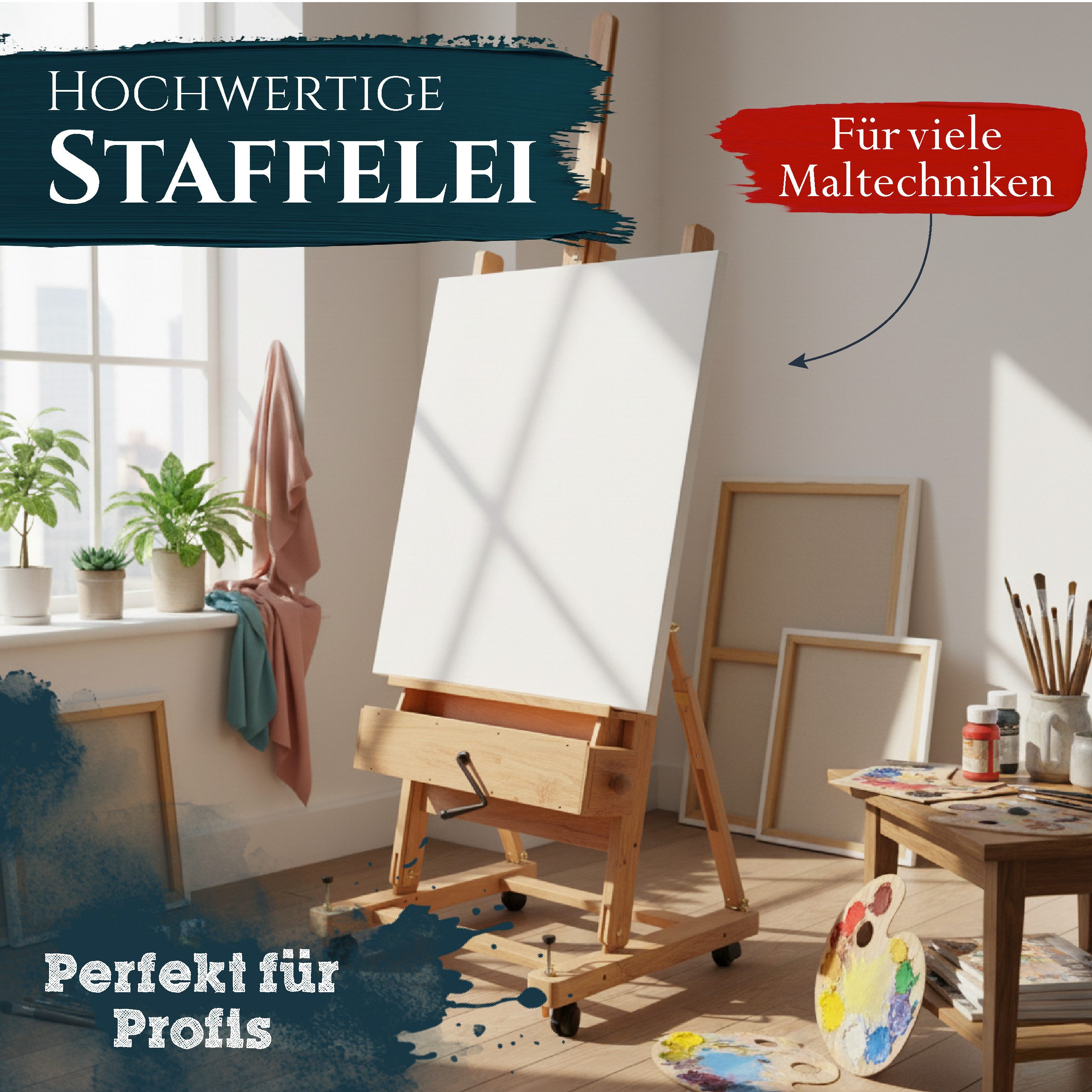 Artina Staffelei Staffelei Holz Profi Atelierstaffelei für Keilrahmen bis 210cm, rollbare Studiostaffelei aus massivem Buchenholz