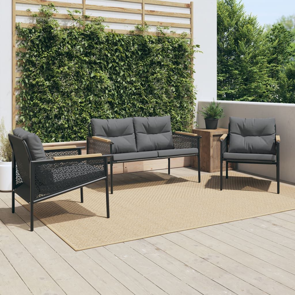 vidaXL Gartenlounge-Set 3-tlg. Balkonmöbel-Set mit Kissen Schwarz Stahl, (1-tlg)