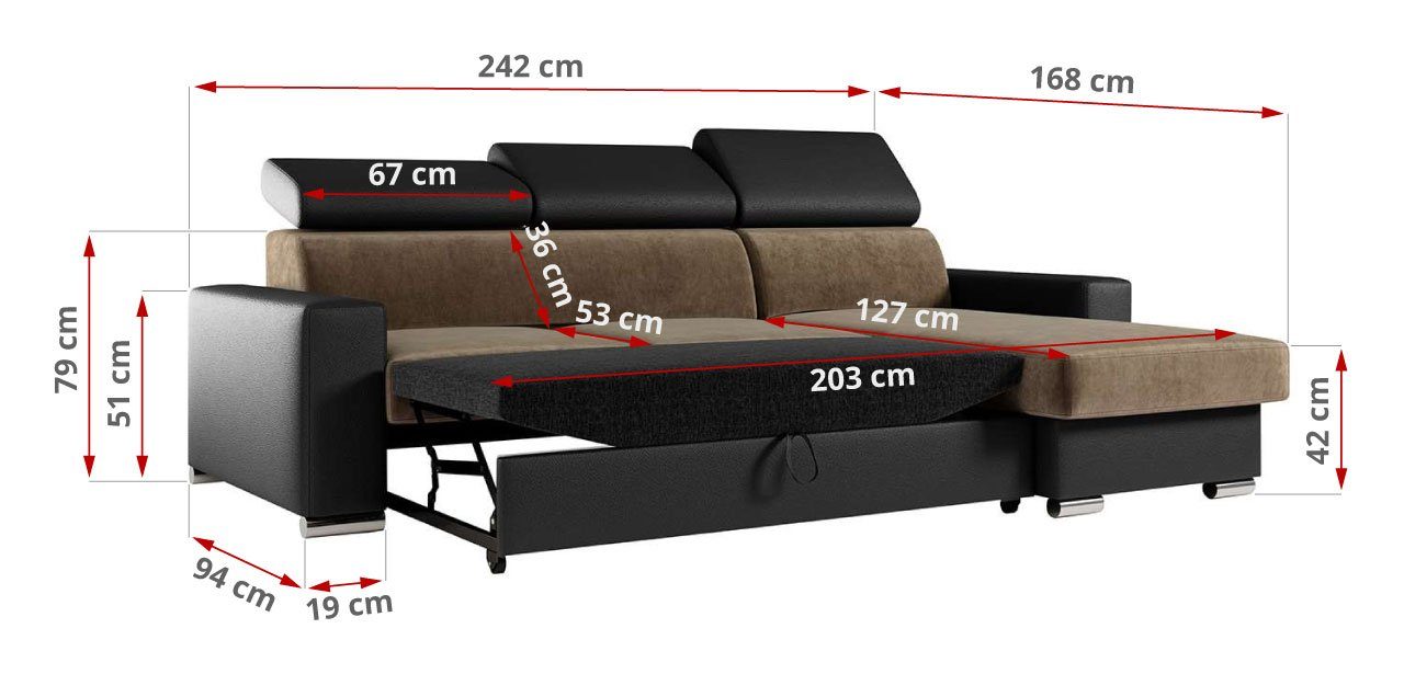 Wohnlandschaft FOX, Ecksofa MÖBEL mit Schlaffunktion, L MKS - Form Bettkasten - Couch