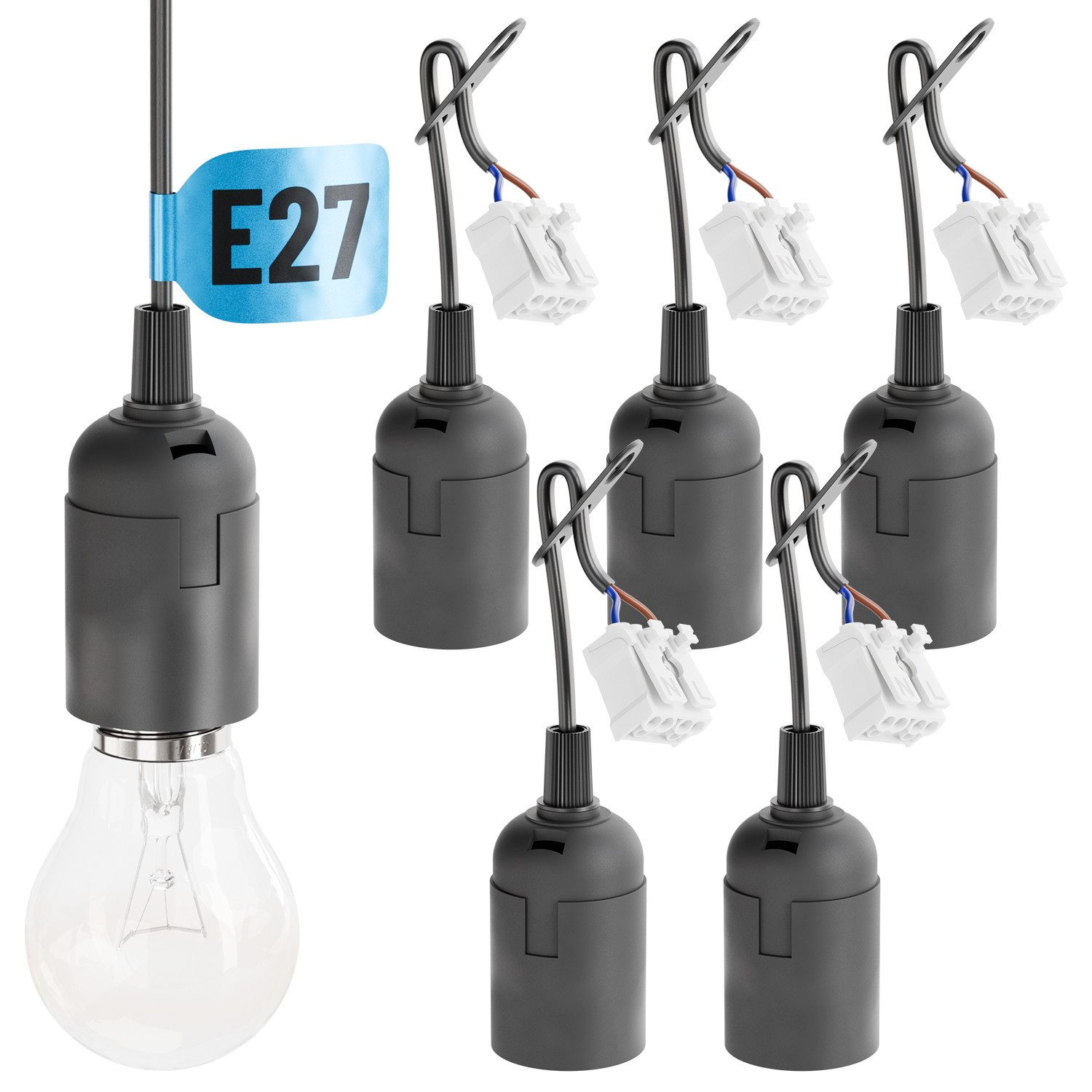 greate. Lampenfassung 6x Baufassung E27 schwarz, Lampenfassung, max. 60W 250V, (6-St)