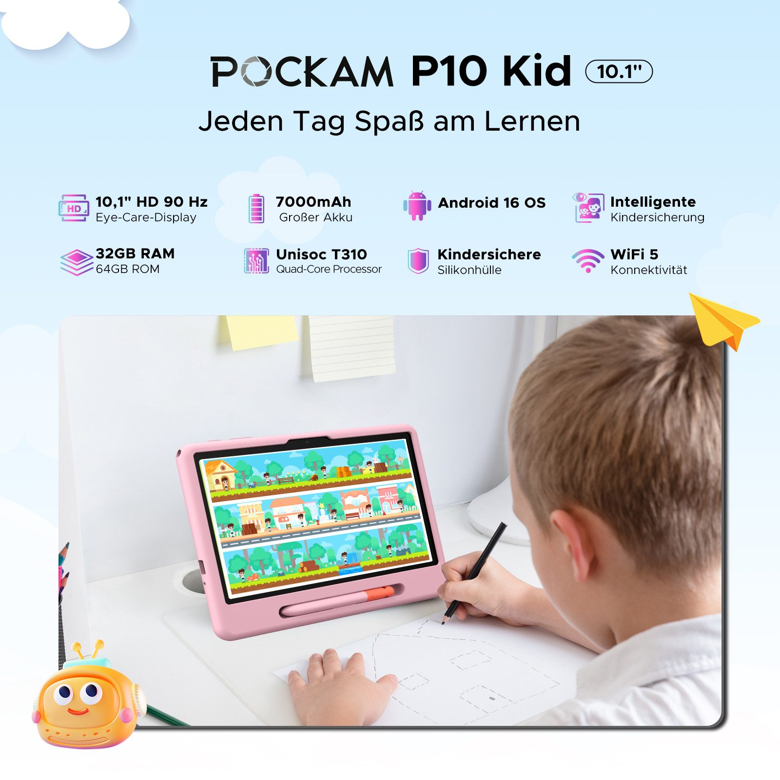 POCKAM Kinder Lern-Tablet mit Elternkontrolle 10'' Android 16, 64GB ROM kids Tablet (10.1", 64 GB, Android 16, WiFi, Mit Gemini AI, Stylus, Silikonhülle, 7000mAh Akku & 5G WiF)
