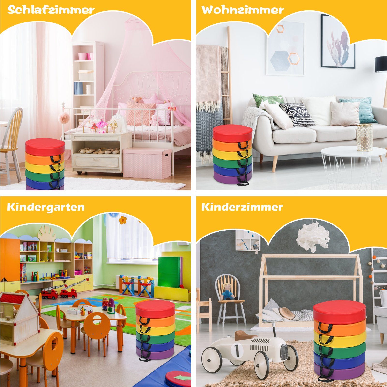 COSTWAY Bodenkissen 6er Set Kinder Sitzkissen, mit Griff & Reißverschluss