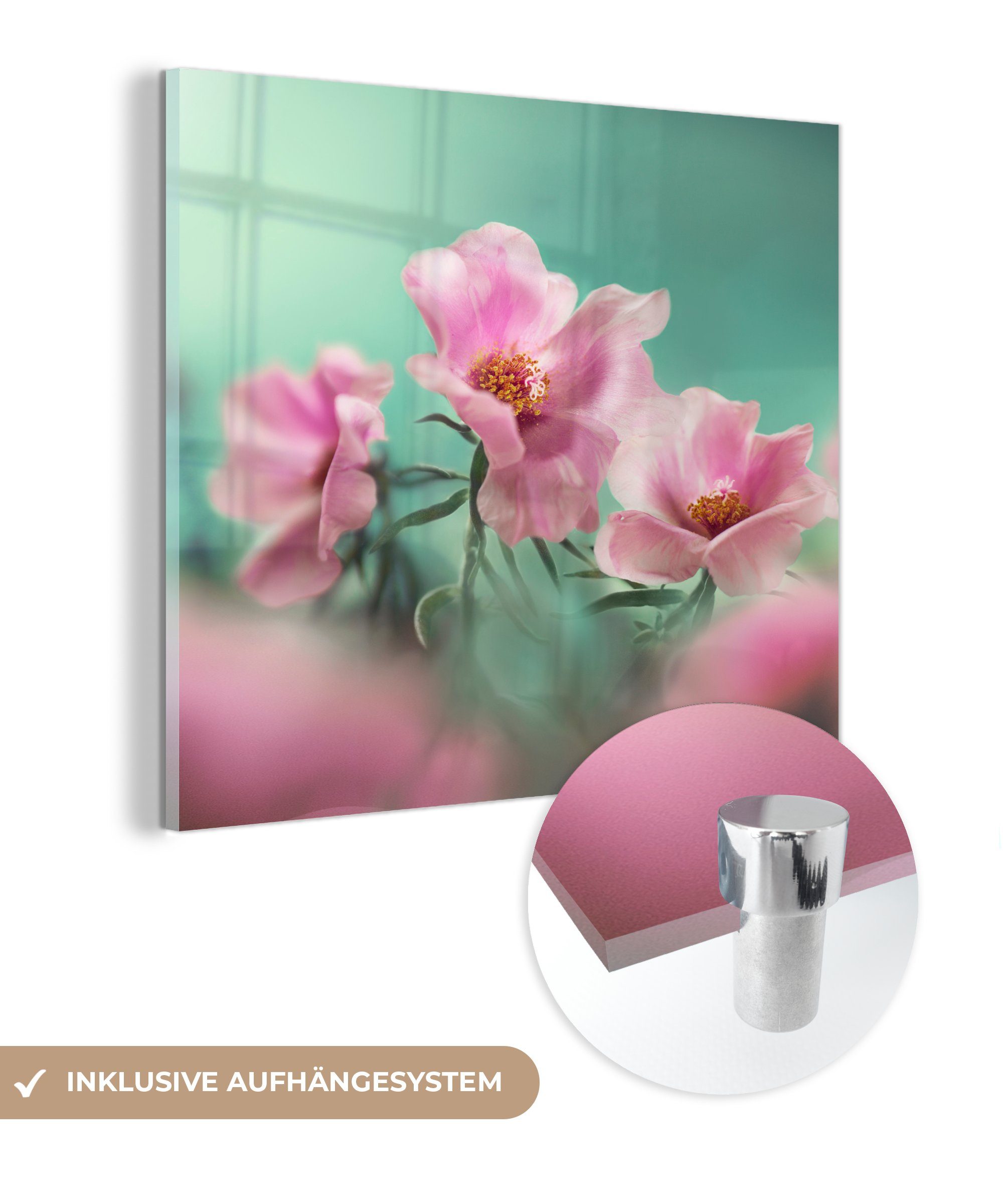 Glas (1 - Blätter türkisfarbenem Tulpe auf - Wandbild Hintergrund, Bilder einer Glasbilder mit St), MuchoWow Acrylglasbild Wanddekoration Foto - rosa auf Glas