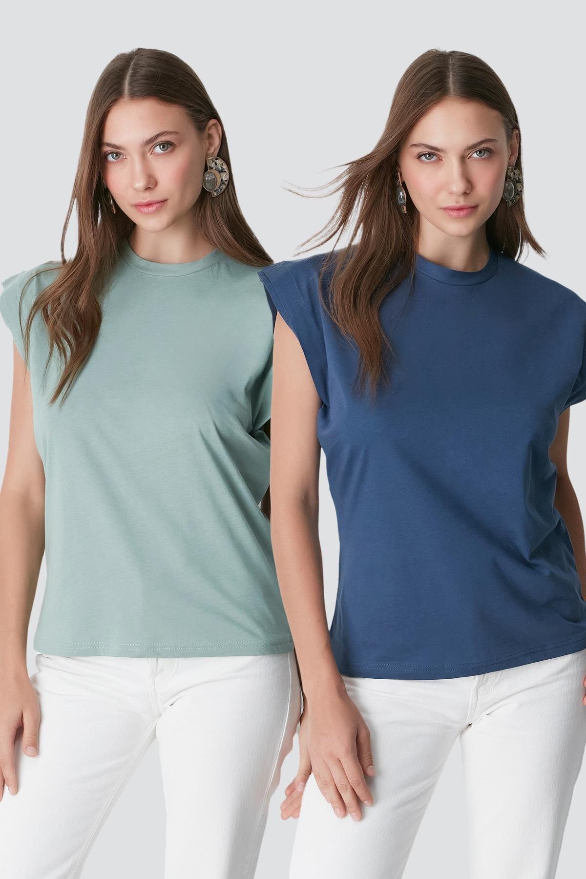 C&CITY Schlafanzug Kurzarm Basic T-Shirt mit Fahrradausschnitt - 2er Pack