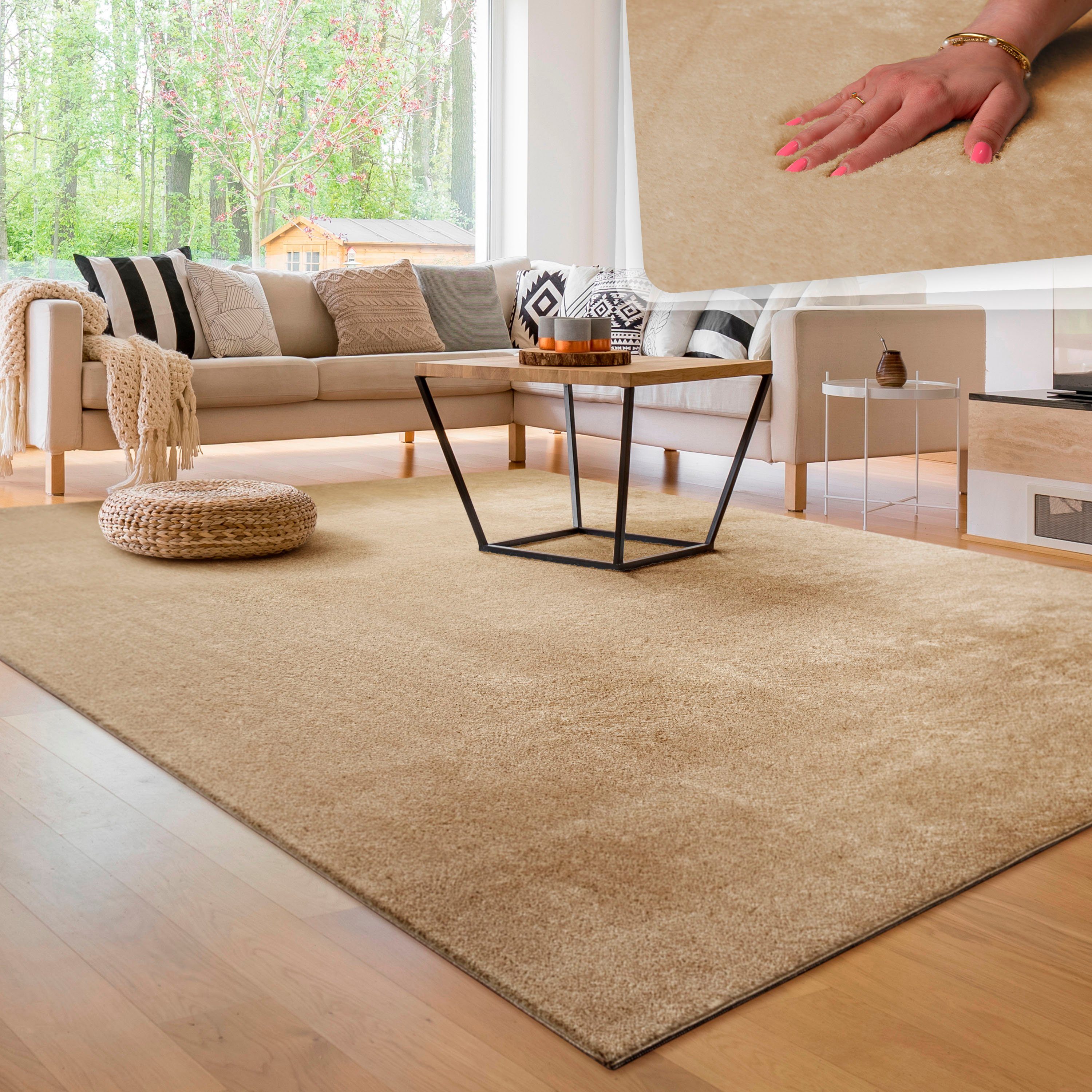 Teppich Cadiz 630, Paco Home, rechteckig, Höhe: 22 mm, Uni-Farben, besonders weich, waschbar, auch als Läufer erhältlich dunkelbeige | Kurzflor-Teppiche