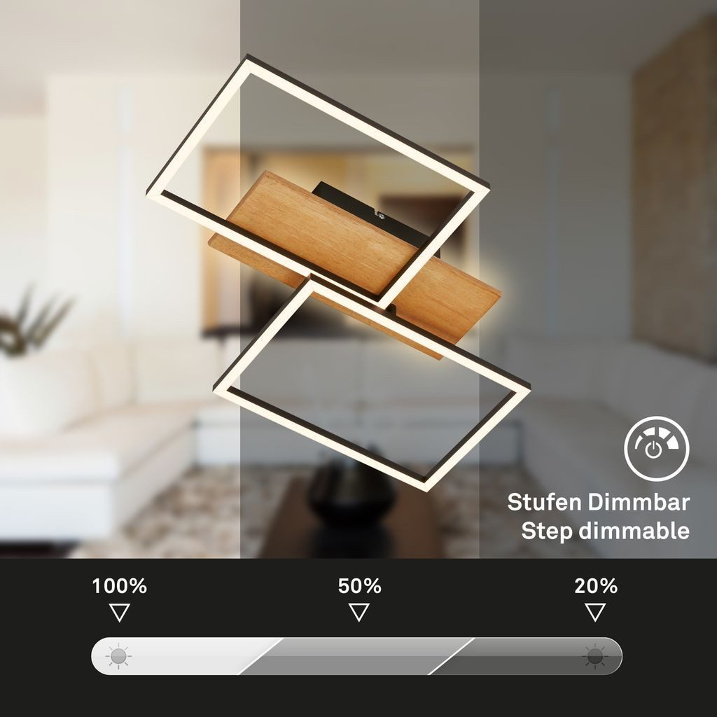 Briloner Leuchten LED Deckenleuchte 3808014, Dimmfunktion, LED fest integriert, 2700K - Extra-Warmweiß, LED Deckenlampe 50x41x8,5 cm Schwarz-Holz 30W Wohnzimmer Schlafzimmer