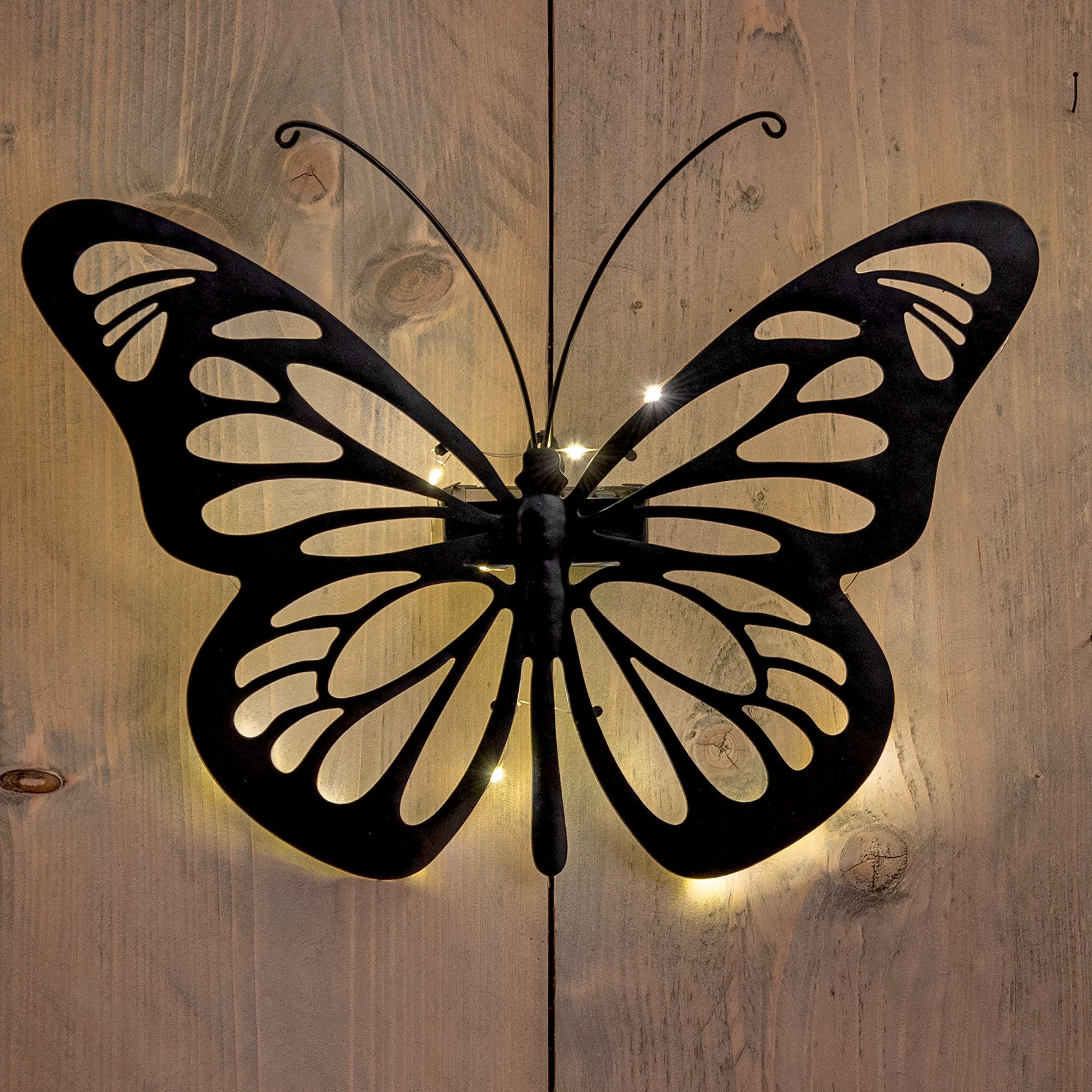 Spetebo LED Dekofigur Solar Wandbild Schmetterling schwarz mit 31 LED, warm weiß, LED fest integriert, warm weiß, Solar betrieben