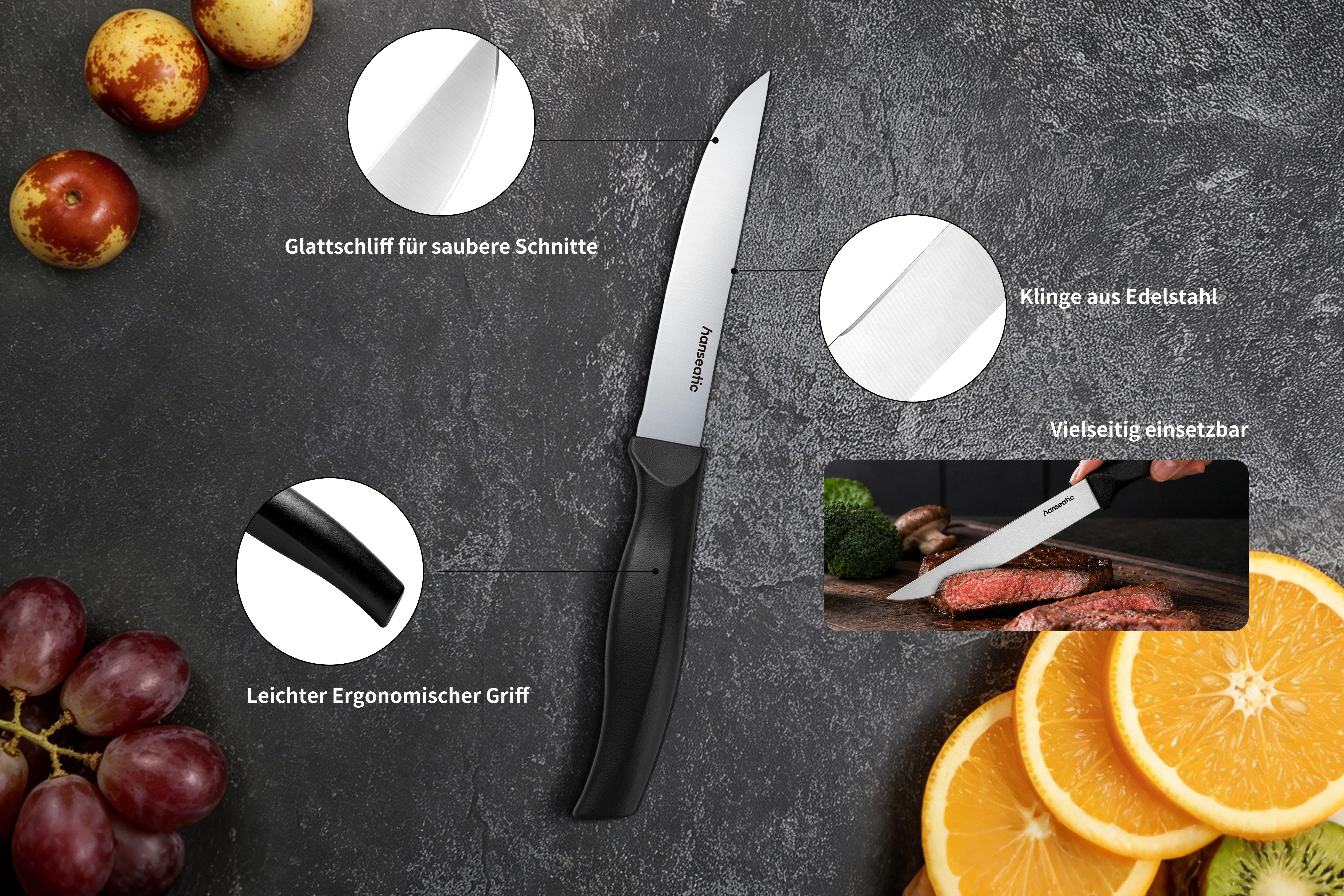 Hanseatic Brotzeitmesser DAILY, Vespermesser mit glatter Klinge, Steakmesser-Set (8 Stück), mit ergonomisch geformter Griff, ideal für die Brotzeit