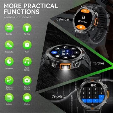 LaNikar Herren mit Telefonfunktion, 3ATM Wasserdicht Militär Smartwatch (1.45 Zoll, Andriod iOS), mit LED Taschenlampe RobusteOutdoorUhren mit 24H Gesundheits-Screening
