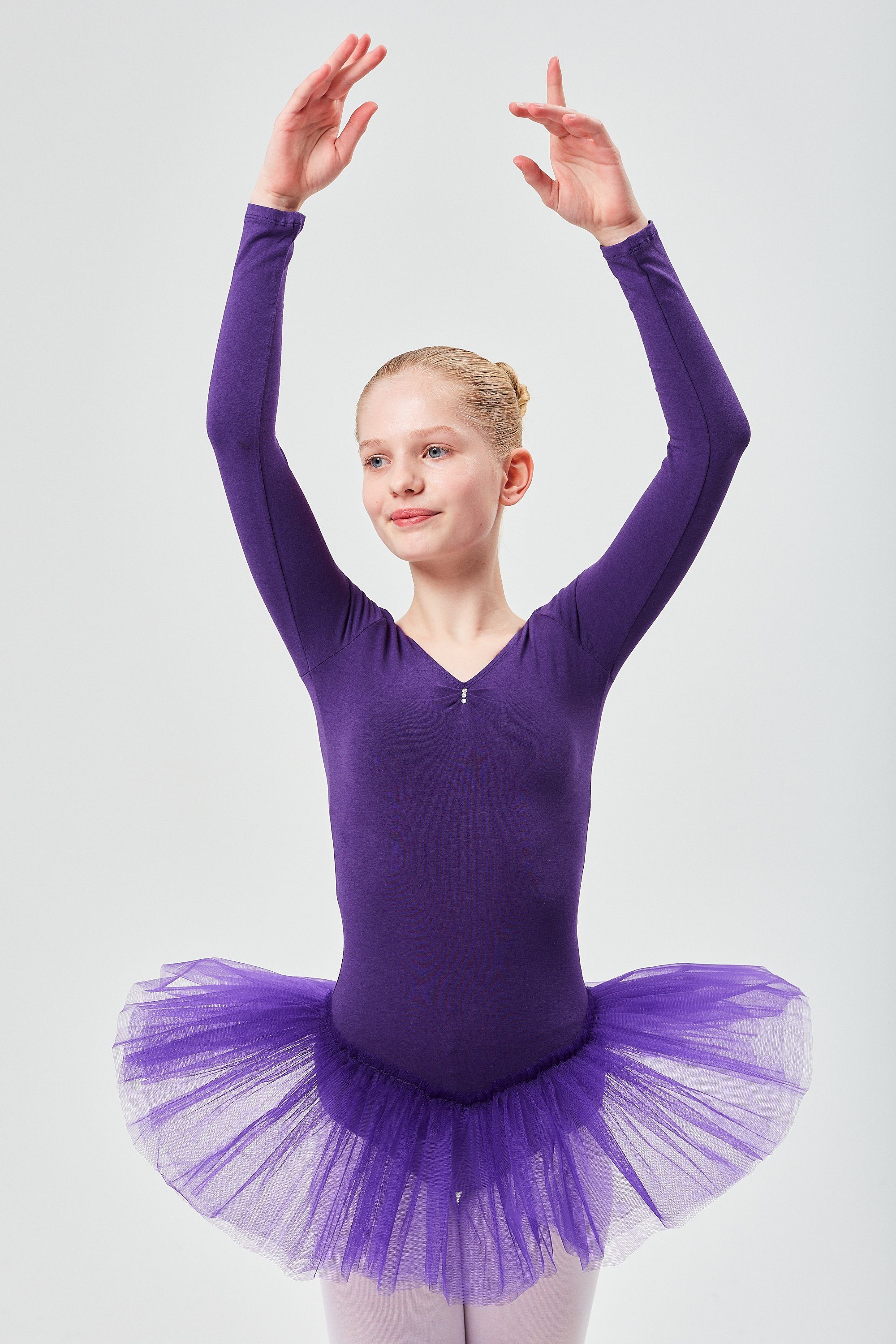 tanzmuster Tüllkleid Ballett Tutu Romy mit Glitzersteinen Langarm Ballettkleid aus weicher Baumwolle mit Tüllrock für Mädchen lila