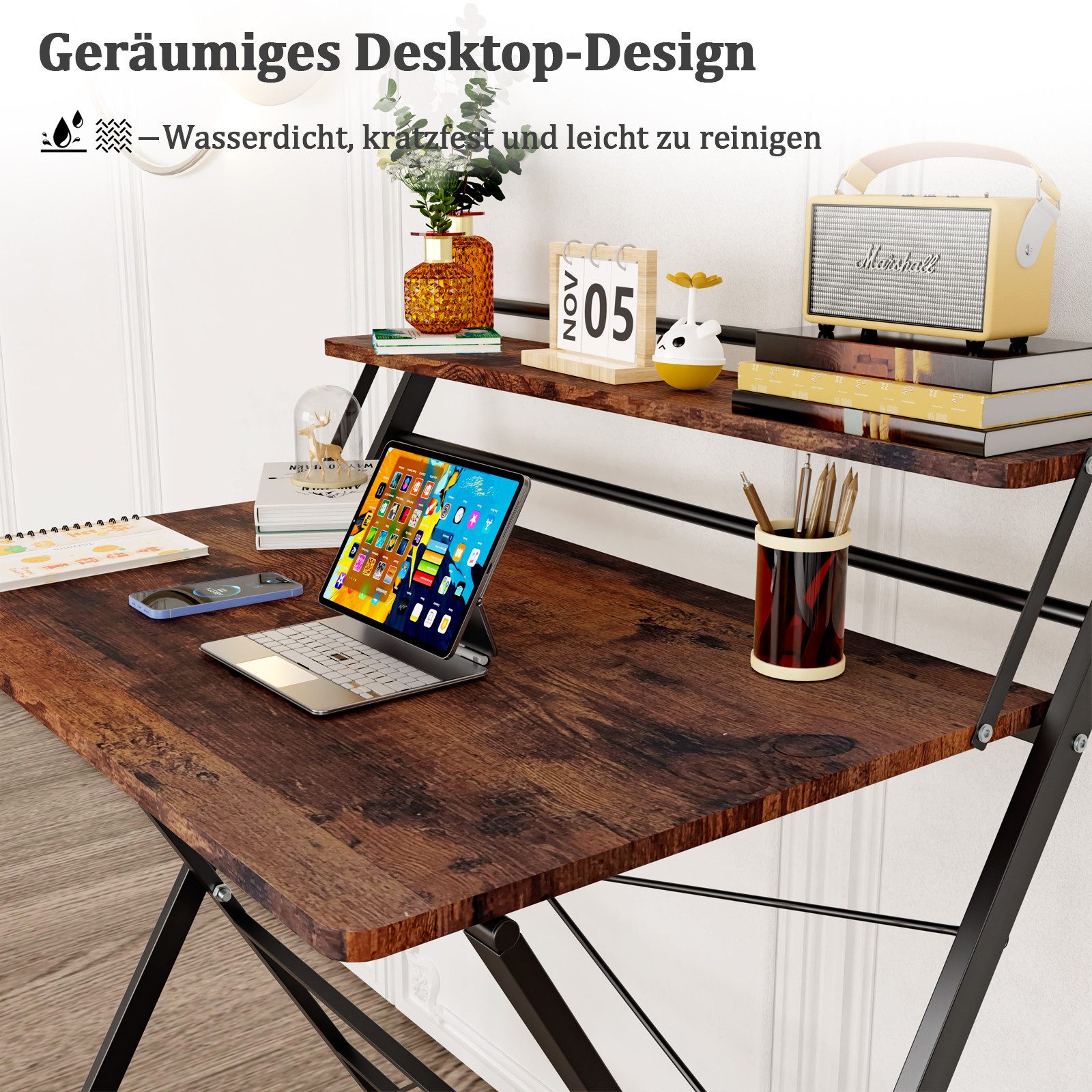 JEOBEST Computertisch Klappbarer Schreibtisch mit Regal, Home Office, kleiner Arbeitstisch 80 x 50 x 107cm – Bild 3 von 5